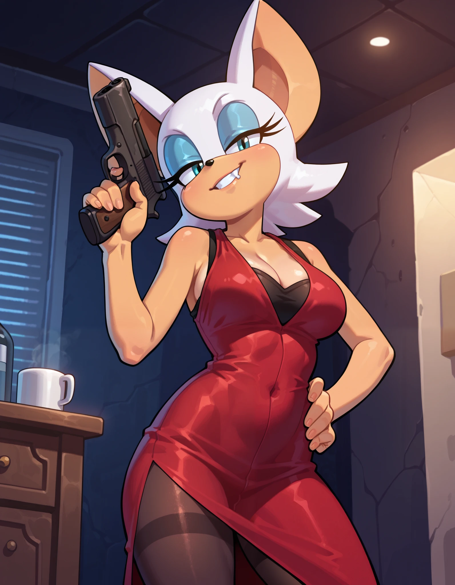 masterpiece, best quality, amazing quality, very aesthetic, absurdres, source furry, ((Rouge the bat)), ((short body)), half closed eyes, cyan eyes, blue eye makeup, sly grin, head tilt, Ada Wong cosplay, red dress with side cut, black see through pantyhose, holding a gun, one hand on hip, sleeveless, medium breasts, cleavage, indoors, bunker background
