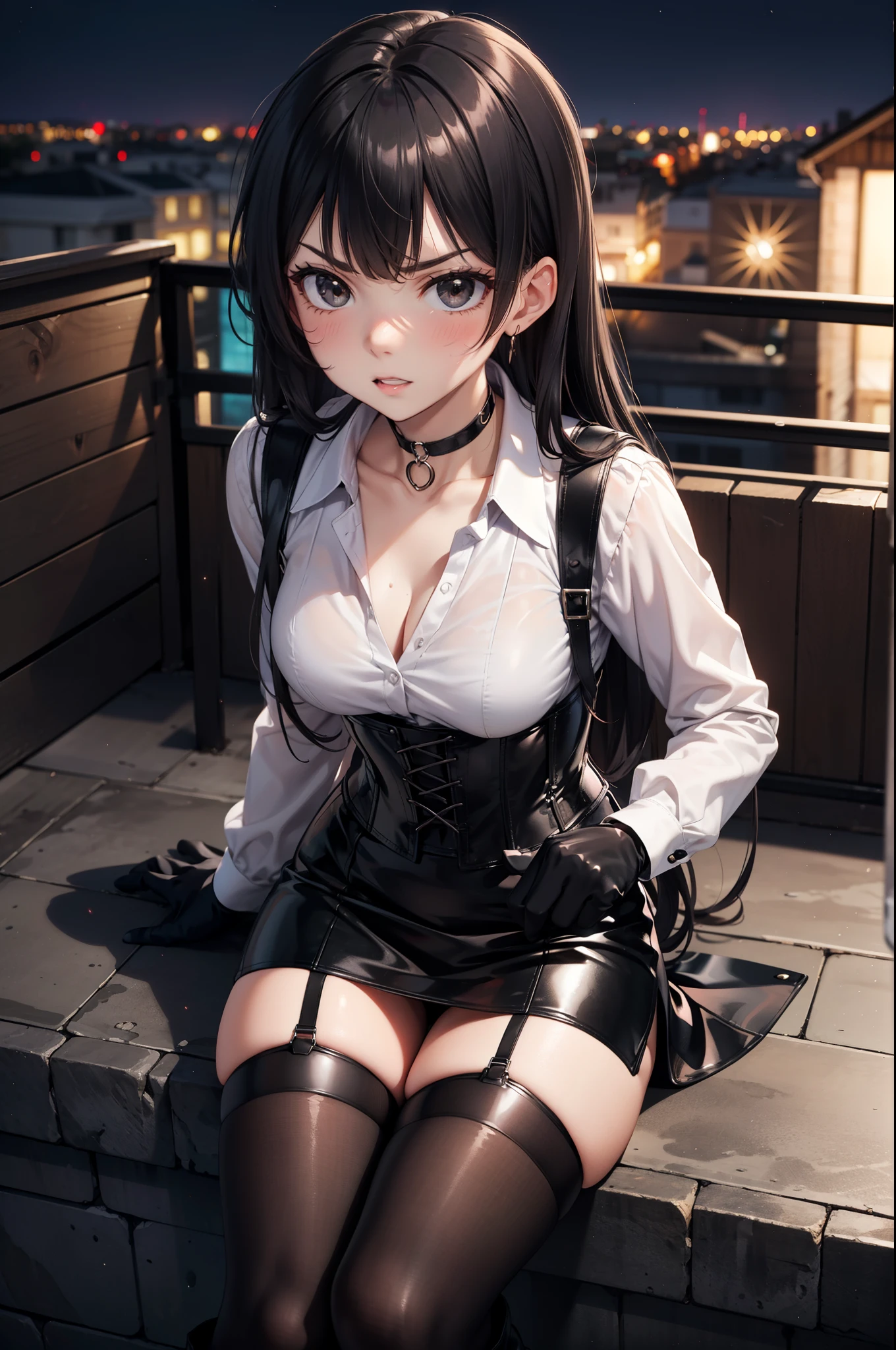 masterpiece, Anime style, A young girl, of foot, (view from above), pretty face, angry look, ((redness on the cheeks)), long black hair, detailed eye comforter, black eyes, choker : 1.6, (( long sleeve white shirt )), ( black gloves ), (black leather corset), ((minifalda negra)), brown stockings, black leather boots ), self-critical , roof, (( at night))