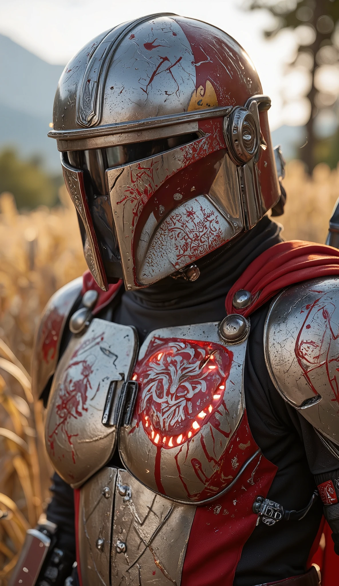 **"A hyper-realistic, close-up illustration of a Mandalorian warrior inspired by Polish culture, wearing intricately designed armor that blends traditional Mandalorian elements with Polish national motifs. The armor features the red and white colors of the Polish flag, with intricate patterns inspired by Polish folk art (such as Kurpie or Łowicz designs) etched into the metal. Cybernetic enhancements are seamlessly integrated into the armor, glowing faintly with a futuristic yet rustic aesthetic. The scene is set during the day, with soft sunlight highlighting the extreme details of the armor's textures, scratches, and reflections. The warrior's helmet has a stylized Polish eagle emblem, and the background subtly hints at a Polish landscape, such as the Tatra Mountains or a field of wheat. The close shot captures every hyper-detailed aspect, from the cybernetic wiring to the cultural patterns, creating a visually stunning and unique fusion of tradition and technology."**