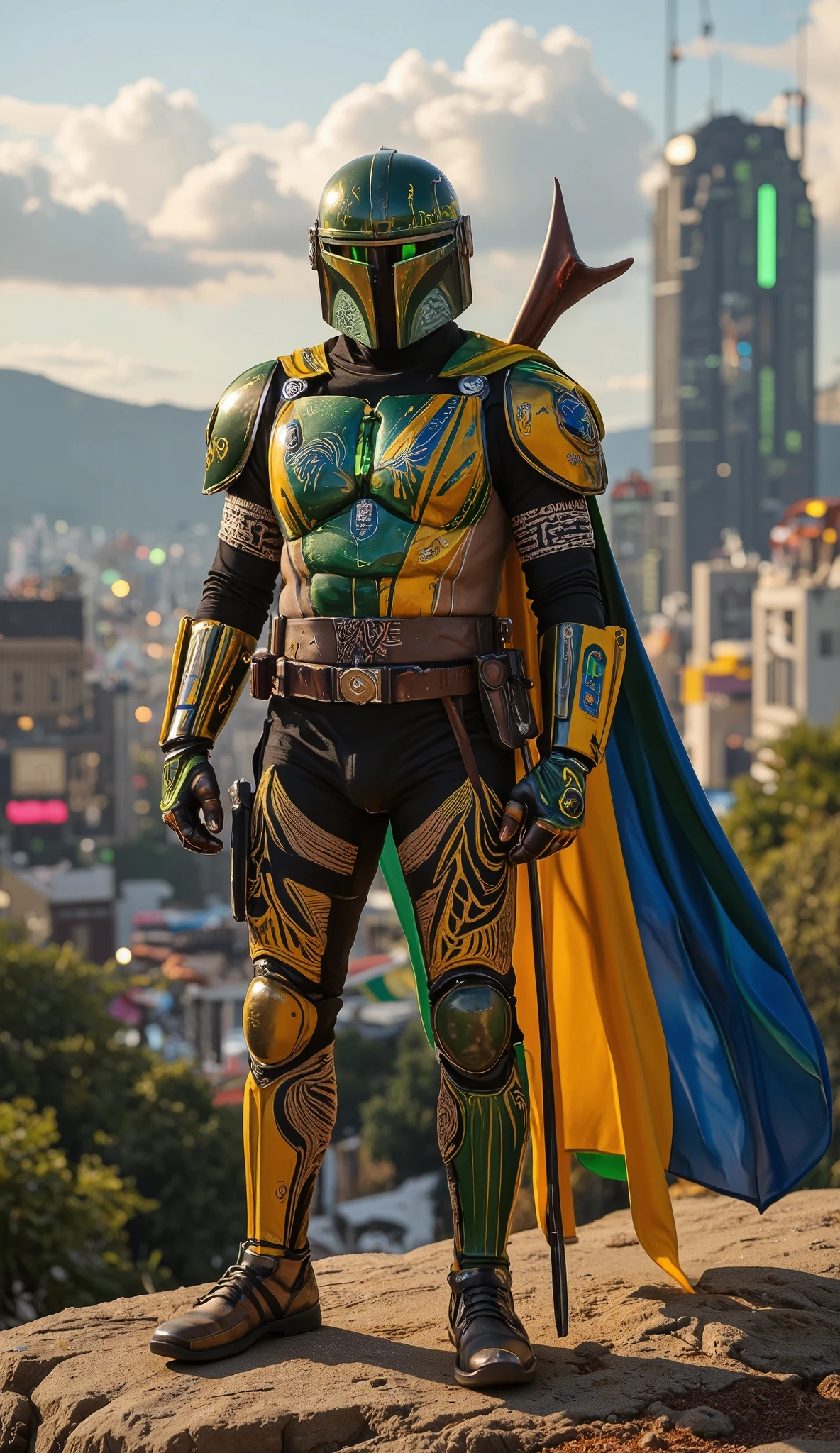 **Prompt:**
"A Mandalorian warrior inspired by Brazilian culture, standing proudly in daylight, wearing a uniquely crafted armor infused with Brazilian flag colors—green, yellow, and blue—embellished with intricate tribal patterns reflecting indigenous and modern Brazilian artistry. His armor is a fusion of traditional Mandalorian design and advanced cybernetic enhancements, with glowing neon circuits tracing across his gauntlets and chest plate.
His helmet, customized with a jaguar-inspired visor, features engravings resembling Amazonian warrior masks. A flowing cape, embedded with holographic elements, displays the Brazilian flag subtly shifting in the wind. His shoulder plates and knee guards are adorned with patterns inspired by the indigenous tribes of Brazil, blending tradition with futuristic aesthetics.
In the background, a sprawling cyberpunk version of Rio de Janeiro emerges, with neon-lit favelas and towering futuristic skyscrapers, merging ancient culture with advanced technology. The warrior stands tall against this vibrant, high-tech cityscape, exuding strength and honor, embodying the spirit of Brazil in a Mandalorian universe. The scene is extremely detailed, hyper-realistic, and illustrated in 8K Ultra HD, capturing the fusion of sci-fi and cultural heritage."