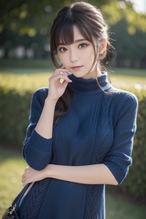 Detailed details,、hight resolution、hightquality、Perfect dynamic composition、Beautiful detailed eyes、short-hair、Small breasts、Natural Color Lip、Kamimei、Shibuya、20 years girl、1 persons、Transparent skin、Glowing hair、masutepiece、Best Quality、finely detail、hight resolution、8K、The correct state of the human body、She wears a navy blue long knit dress、randome pose、Gravure Model Pose、Hair soaring in the wind