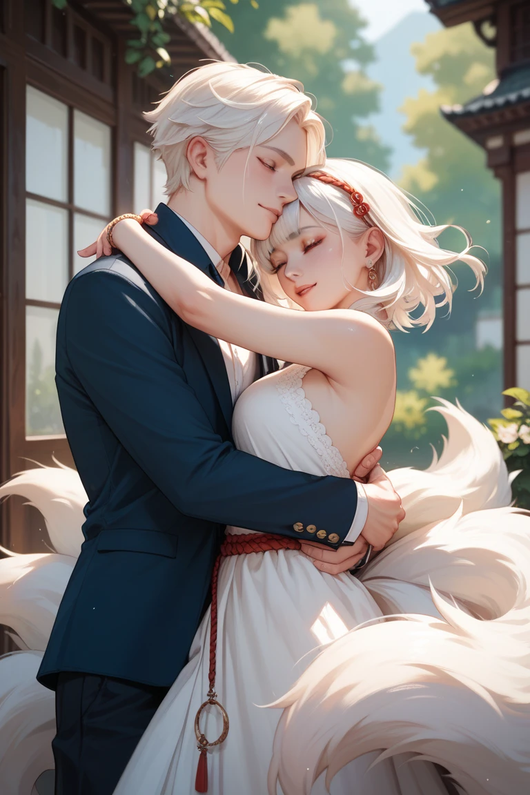 anime couple in love with flowers in hair and white dress, coronation of the flower prince, in the art style of bowater, zerochan art, korean art nouveau anime, artwork in the style of guweiz, inspired by Nishikawa Sukenobu, by Eizan Kikukawa, zerochan, nixeu and sakimichan,, beautiful line art, detailed manga style, extremely fine ink lineart,exquisite line art, perfect lineart,exquisite line art, exquisite digital illustration, detailed digital drawing,digital anime illustration, a beautiful artwork illustration, detailed matte fantasy portrait, beautiful line art, great digital art with details, goddess. extremely high detail, 4k detailed digital art, stunning digital illustration, digital fantasy illustration,((Best quality)), ((masterpiece)), (detailed:1.4), 3D, an image of a beautiful female,HDR (High Dynamic Range),Ray Tracing,NVIDIA RTX,Super-Resolution,Unreal 5,Subsurface scattering,PBR Texturing,Post-processing,Anisotropic Filtering,Depth-of-field,Maximum clarity and sharpness,Multi-layered textures,Albedo and Specular maps,Surface shading,Accurate simulation of light-material interaction,Perfect proportions,Octane Render, Two-tone lighting,Wide aperture,Low ISO,White balance,Rule of thirds,8K RAW,subsurface scattering, best ratio of four fingers and one thumb,