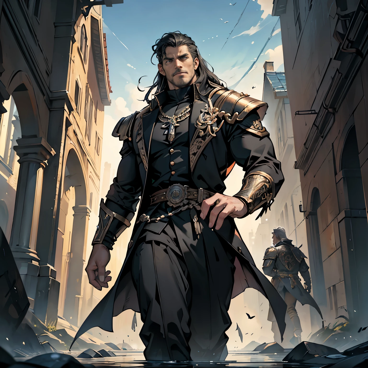 ((Best quality)), ((masterpiece)), ((realistic cartoon)), ((perfect character)):
In this stunning and highly detailed realistic cartoon, we present a male human. The man stands tall, a middle-aged man, and he's Primarch from Warhammer 40K, and powerfully built, he has greyish pale skin, long raven black hair and he has a stern face. he had black eyes, wore a black long coat, a black pant, and had a strong balanced muscle body.
Every element of this masterpiece is carefully designed to create a sense of realism and immersion. The intricacies of the man's clothing, the mesmerizing effects of the area around him and he was in landscape in winter season, and the level of detail in his weathered face all contribute to a captivating visual experience. This artwork is presented in stunning UHD resolution, allowing you to appreciate every nuance and intricacy in breathtaking detail.
Eye level, scenic, masterpiece.