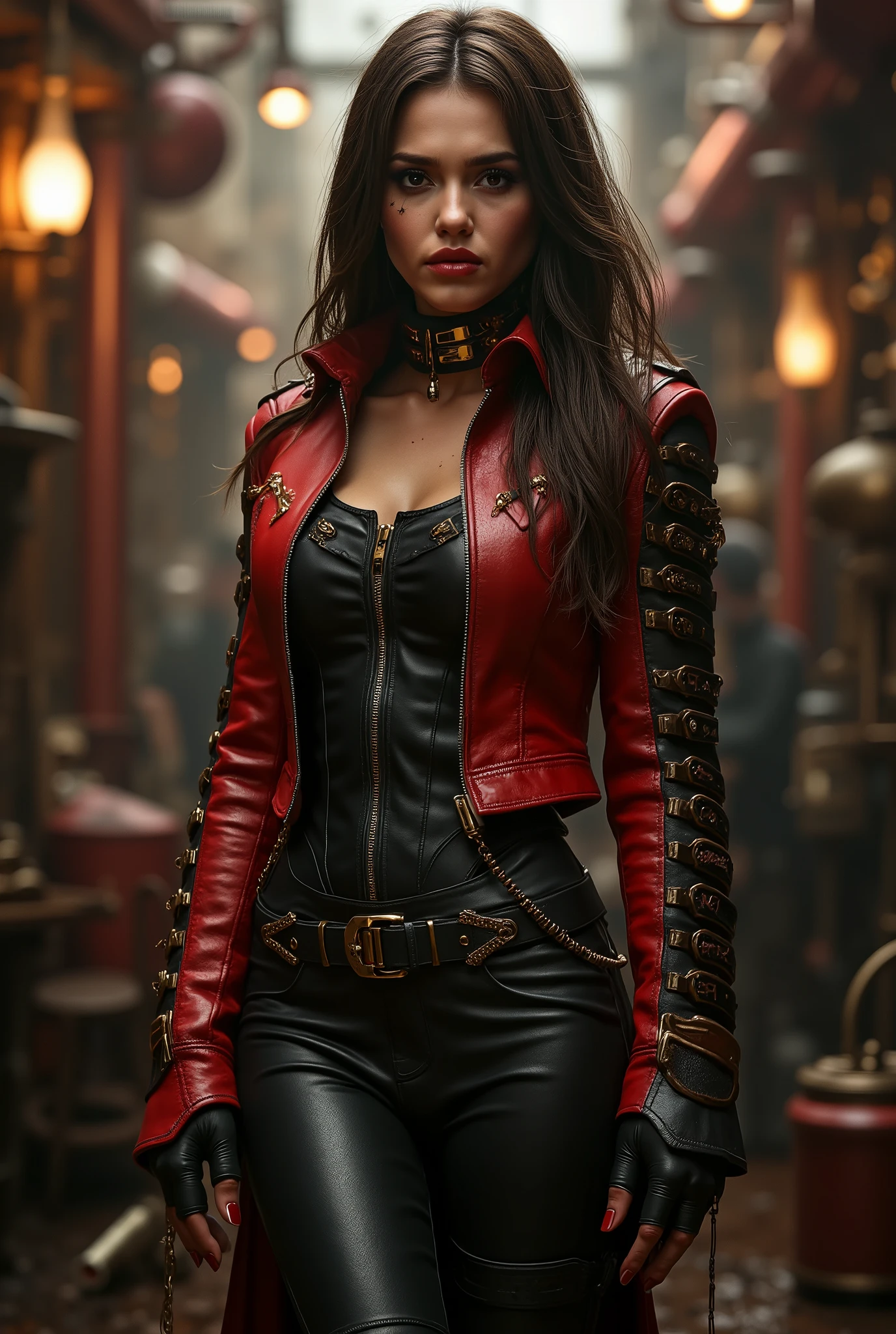best quality,4k,8k,highres,masterpiece:1.2),ultra-detailed,(Ultra-realistic, photorealistic,photo-realistic:1.37), best quality, highres, 4k, 8k, amazing quality, Photo full portrait of photo real. black and red leather steampunk woman. black and red thigh high boots with 6 inch heels. steampunk background. “full body portrait” digital SLR camera, light tracing, 3d, concept art, action painting, cinematic lighting, chiaroscuro, (1.3)