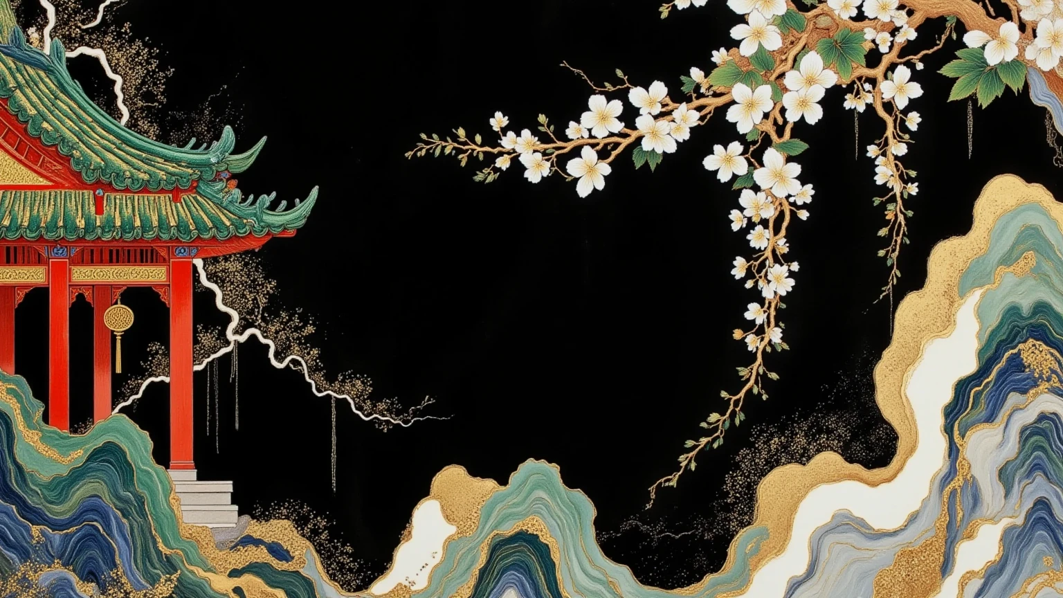 A close-up of the roof of an ancient Chinese building is drawn on the bottom right corner of the shabby paper， green roof，Wind Chimes。Withered wisteria，White Flowers，Gold painted ，large black background.(((Negative Space:1.5)))。