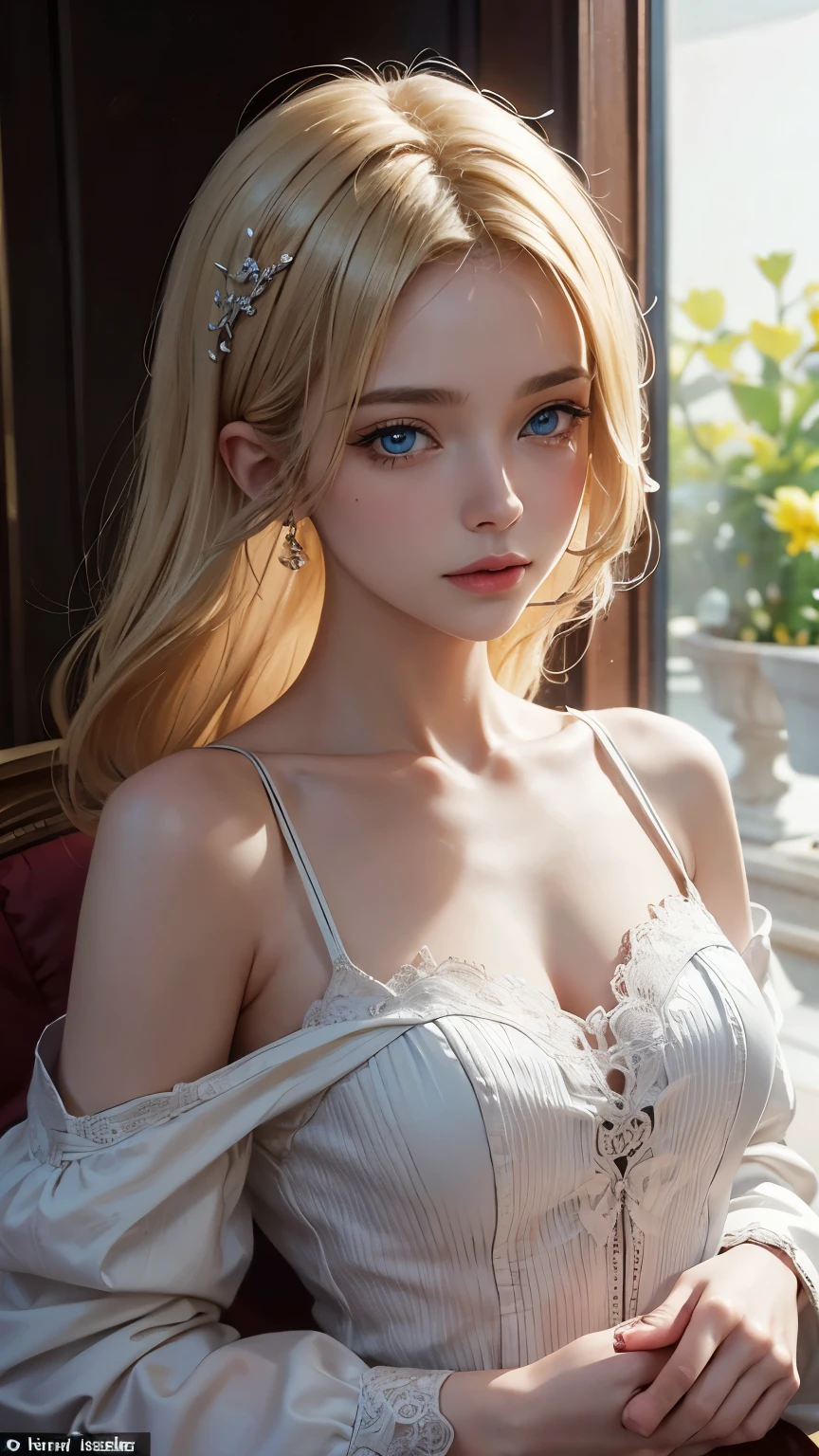 ( masterpiece: 1.2, best quality), by Nomi, ( by Nomi Picture, intricate detail on the edge of the garment, description depth of boundary ), best quality, masterpiece, very well detailed, Semi by Nomi, 1 girl, mature woman, 21 years old, blonde, short shoulder-length hair,, left eye hidden by hair , blue eyes, king' clothes , Red Cloak , slim figure, 貴金属でできたking冠, Read the document, Document marking, Goose Quill Pen, Office desk, Soft bench, palace, palaceで, middle ages