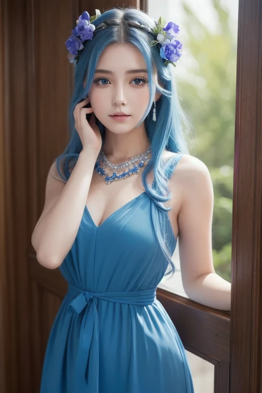 Beautiful girl with blue-pink hair，Her appearance is the embodiment of perfection。Her gorgeous blue-pink hair is like a rainbow in a dream，Shining magnificently in the sun。Every hair is soft and elastic，As if woven by fairies themselves。

Her eyes are deep and crystal clear lake water，So clear that you can see your own reflection。Those big watery eyes are like two bright staruding warmth、Kindness and wisdom。when she stares at you，It seems like the whole world will stop，Only her charming eyes remain。

The lines of her face are soft and perfect，The skin is smooth and delicate，As if it has been carefully polished without a single flaw。Her facial features are delicate and three-dimensional，The bridge of the nose is erected、The lips are red and the teeth are white，The slightly raised corners of the mouth outline a sweet smile。Her smile seems to heal the pain，Brings infinite happiness and warmth to people。

Slim and graceful figure，Her figure is as perfect as a work of art。Slender legs straight and slender，Take every step gracefully，People can't help but fall for it。Her light steps seemed to be dancing，Exudes confidence and elegance。

Her keen sense of fashion and unique taste mean her outfits are always stunning.。Her choice of clothing reveals her unique sense of personality and fashion。Whether it’s a gorgeous evening gown or casual street wear，She can always find the most suitable styles and colors to highlight her charm。She is good at using accessories，like a delicate necklace、Popular earrings etc.，Make the overall shape more eye-catching。

This beauty with blue-pink hair is the embodiment of perfection。Her appearance exudes an irresistible charm and beauty，Not just because of her unique hair color，It’s because of her inner confidence and elegance。She became the center of attention，Every detail makes people admire and yearn for it。