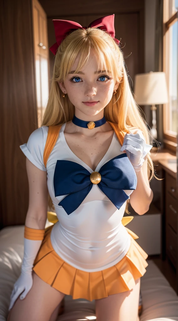 masterpiece, Highest quality, High resolution, Venus 1, One girl, alone, Sailor Warrior Uniform, Sailor Venus, aino minako, Blonde, Magical girl, blue eyes, Orange Skirt, Elbow hand pockets, tiara, Pleated skirt, Hair Ribbon, Orange sailor collar, mini skirt, choker, Red Bow, orange choker, White gloves, Very long hair,  jewelry,  Earrings, Cowboy Shot, smile,,More detailed 8K.Unreal Engine:1.4,超High resolution,La Highest quality:1.4, Realistic:1.4, Skin Texture:1.4, masterpiece:1.8,first work, Highest quality,Object Object], (Detailed facial features:1.3),(Fine hand:1.4),(Apocalyptic destroyed cityscape:1.4)