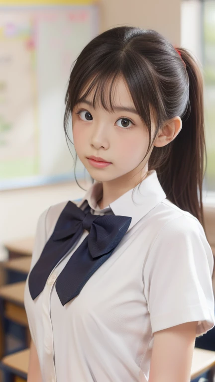 Cute Japan junior high school student , 1 girl, Beautiful details, Beautiful lip detail, Highly detailed eyes and face, Long eyelashes, chest, 平らなchest, Innocent look, Cat ear, Cat earヘッドバンド, Low Ponytail, Orgasmic, In the classroom