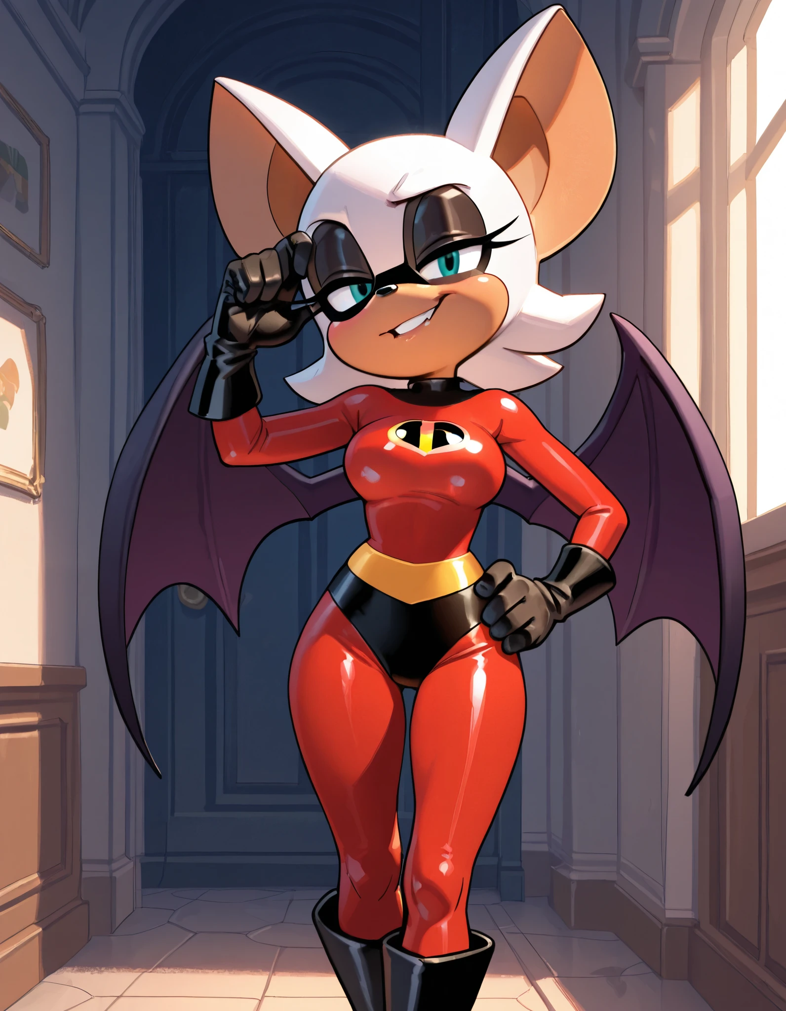 masterpiece, best quality, amazing quality, very aesthetic, absurdres, source furry, ((Rouge the bat)), ((short body)), half closed eyes, cyan eyes, sly grin, head tilt, Violet Parr cosplay, incredibles outfit, black high cut panty briefs, red bodysuit leggings, black gloves, black knee boots, medium breasts, indoors, black eye mask, (bat wings), standing, one hand on hip