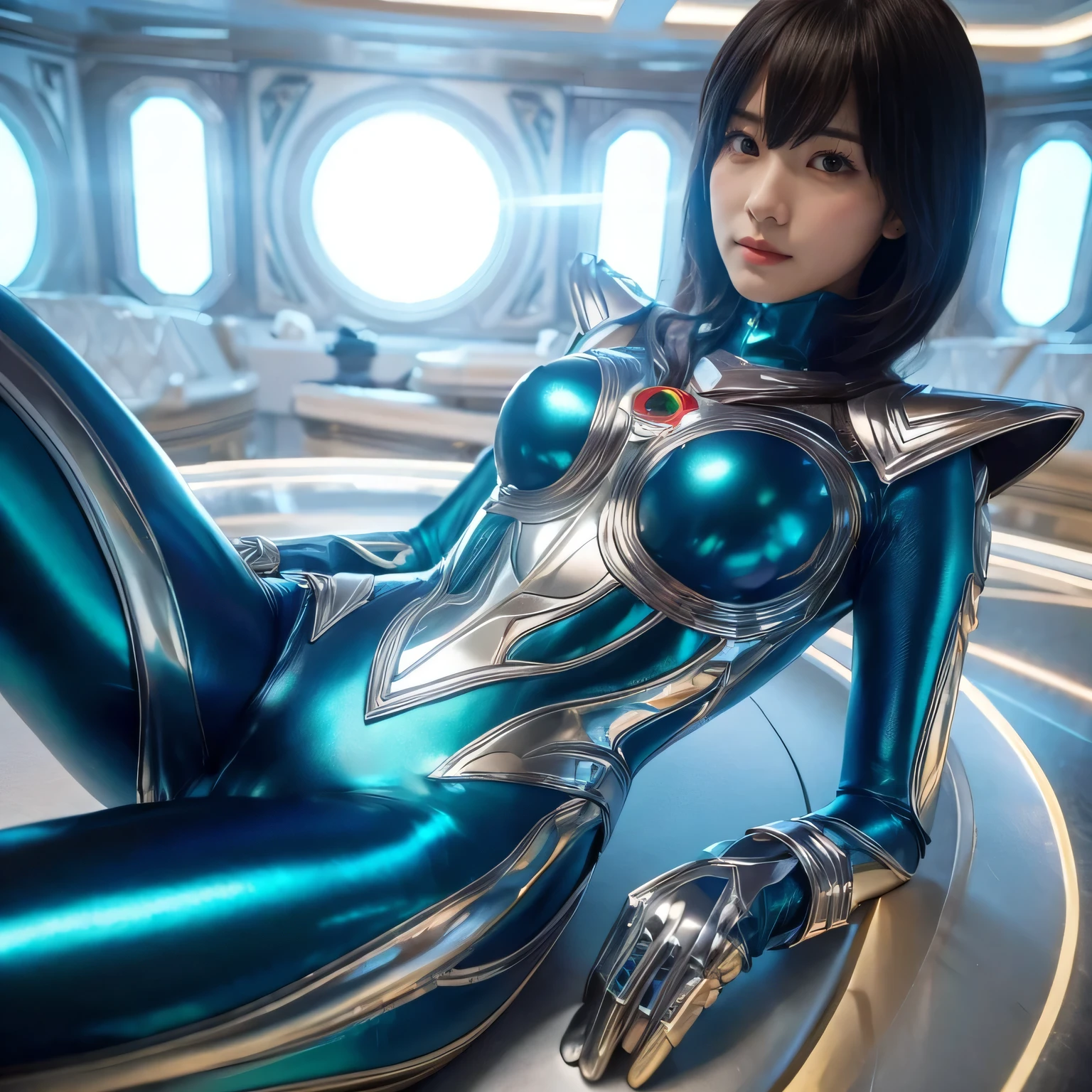Arafed woman in a shiny blue suit laying on a table - SeaArt AI
