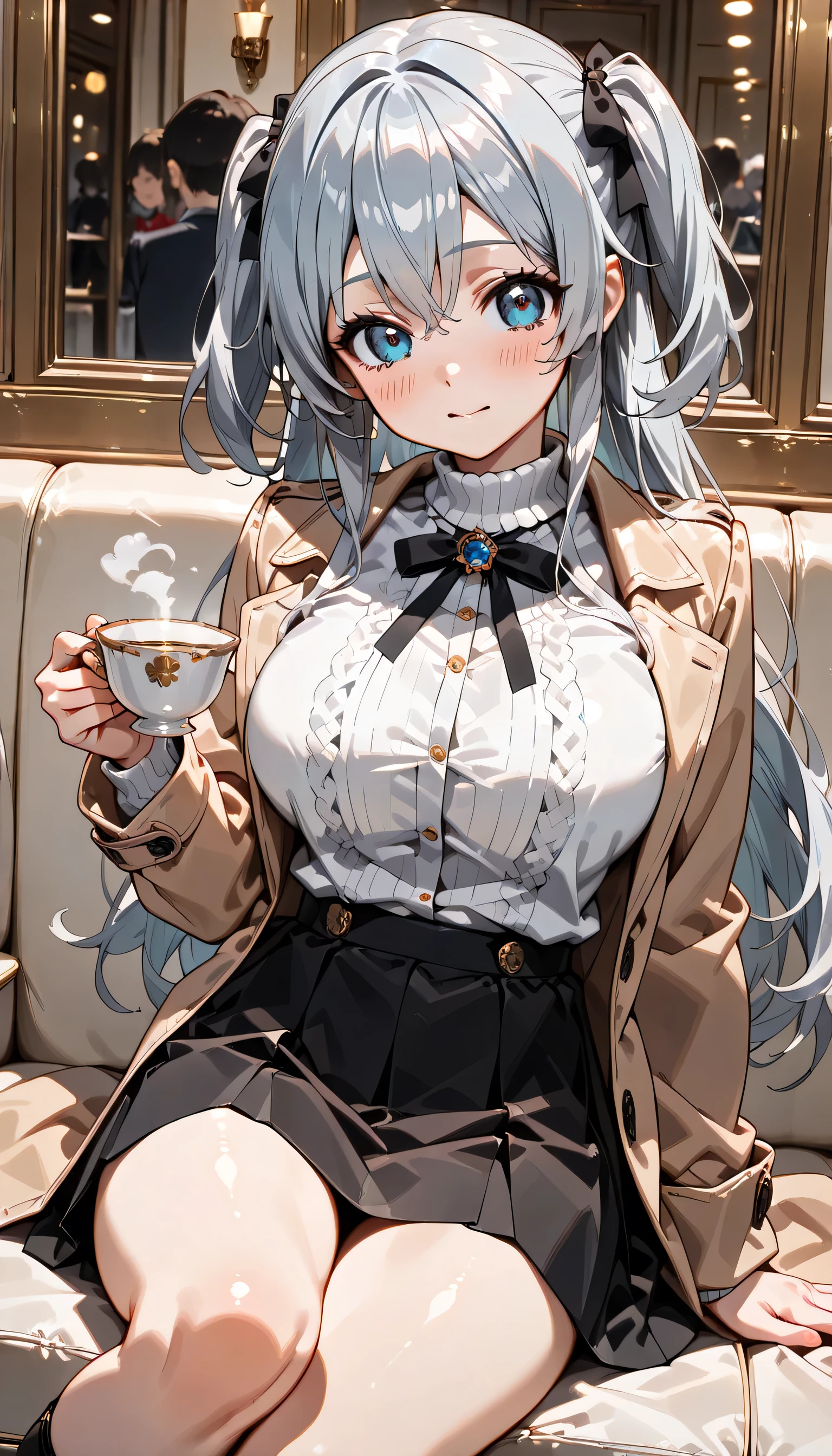 ((ultra-detailed)), (highly detailed CG illustration), (best quality:1.2), ultra-highly detailed, colorful composition, artistic photoshoot, 1girl, solo focus, ((thigh to top:1.4)), ((cowboy shot:1.4)), moe anime character, super popular super idol,  girl, dainty facial structure, (bab(round face), ((rounded chin:1.2)), ((ideal ratio body proportions)), celia-default, celia claire, (blue eyes), sparkle eyes, ((silver hair color)) , ((two side up)), ample breast, ((teardrop sunglasses with light brown lens color:1.4)), ((camel coat)), pale white turtleneck sweater, light blue high-waist long skirt, ((sit on the cafe terrace in paris:1.4)), ((holding a white tea cup with gold decoration:1.4)), ((live street corner on Champs-Elysées　in Paris)), from side, petals glowing and fluttering, best quality, masterpiece, expecting, pink cheek, blush, light pink gloss slip, portrait, depth of field, poured sunlight, sidelighting, (shine), lighting, caustics, ray tracing, perfect face, lustrous skin, highly detailed face, highly detailed eyes, perfect face, perfect nose, perfect hair, perfect eyes, perfect anatomy, beautiful hair, beautiful small face, extremely detailed face, beautiful detailed eyes, beautiful clavicle, beautiful body, beautiful huge breasts, leavage, breasts squeezed together, equalize the size of the left and right breasts, beautiful thin thighs,  beautiful legs, beautiful fingers, 4 fingers, 1 thumb, lovely, (very detailed background:1.0), (highly detailed background:1.0), intricate details, joyful  atmosphere, colorful and sparkling colors palette, chromatic aberration