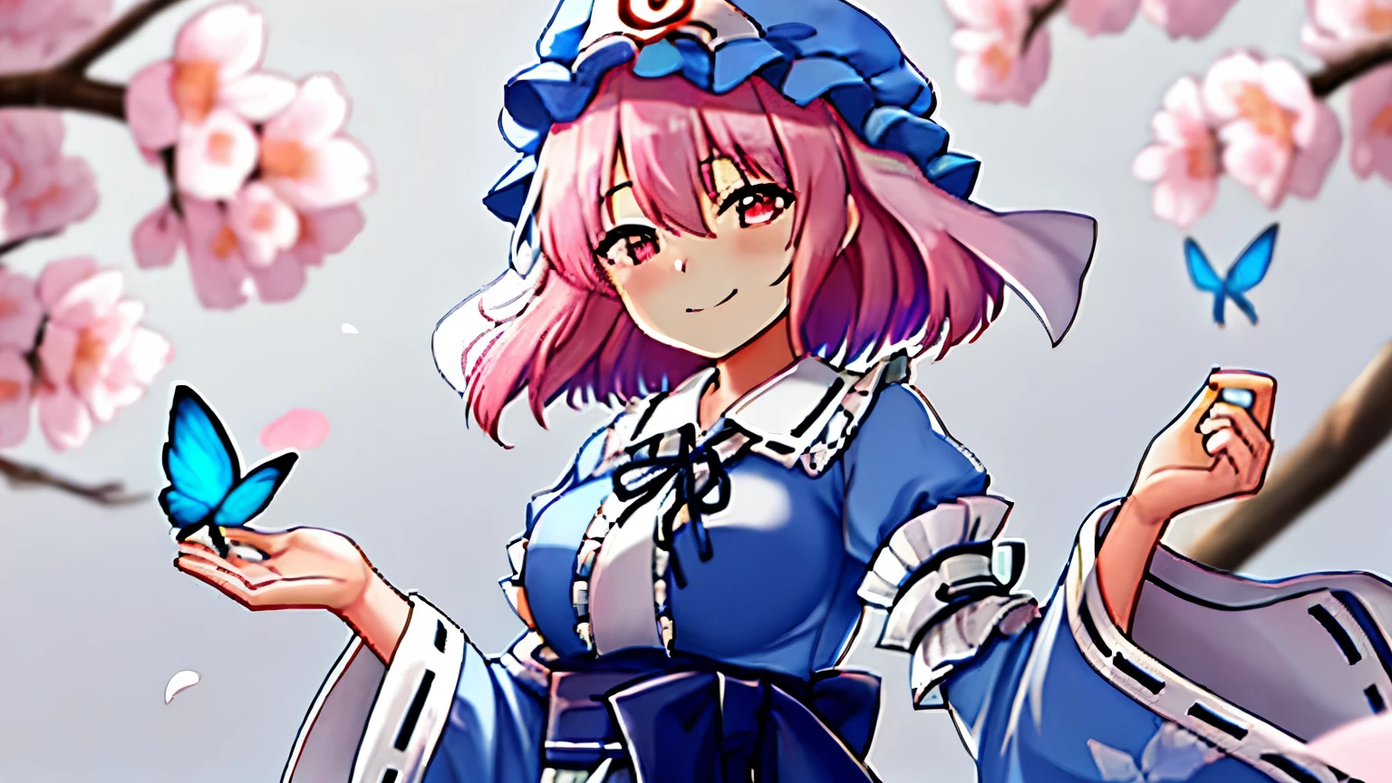 best quality,  masterpiece,  high resolution, Alone, { Saigyo-ji Temple_Yuyuko _ Orient:1.15},  pink_hair, triangle_  headpiece from your hands , hin, short_hair,  pink_eye, pain_ cap, green_hat, 前hair, smile, hair_ bitweens_eye,  upper_body, band, chest, ribbon,  1 girl, green_ kimono, Folding_, frills, hand_,  holding,  holding_,  Japanese_ close ,  kimono, length_ sleeve,  accurately _in_viewer, wide_ sleeve,  closed _mouth, cherry blossoms_blossoms,  frill _ kimono, , neck_ribbon, heart,  petals