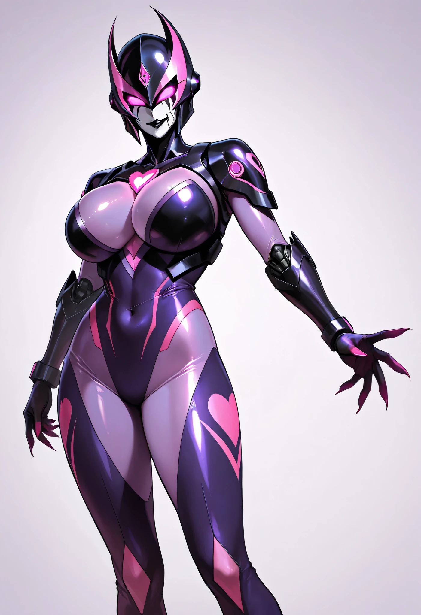 Dark UltraWoman. (high quality)(luster)((Black Face and red eyeline))(Black thema color. Purple thema color. black helmet. A full-face helmet. Pink lines. Purple glowing mechanical eyes. The whole body is covered with a black and purple bodysuit. Thick legs. Spike decoration. Pink lines all over the body. Heart tattoo . purple coloreye. Big breasts. Breasts perky. pink glow crystal. pink sharp claw. White background.