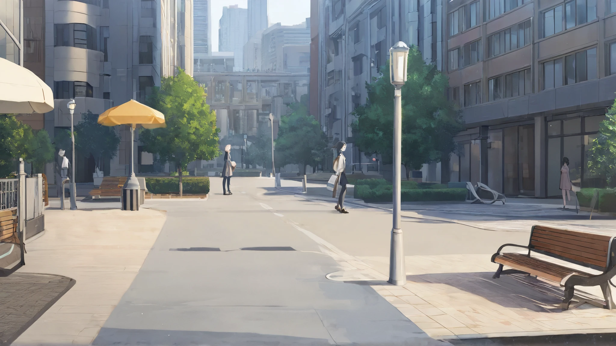 park in a city with large trees and pedestrian paths with benches on their sides