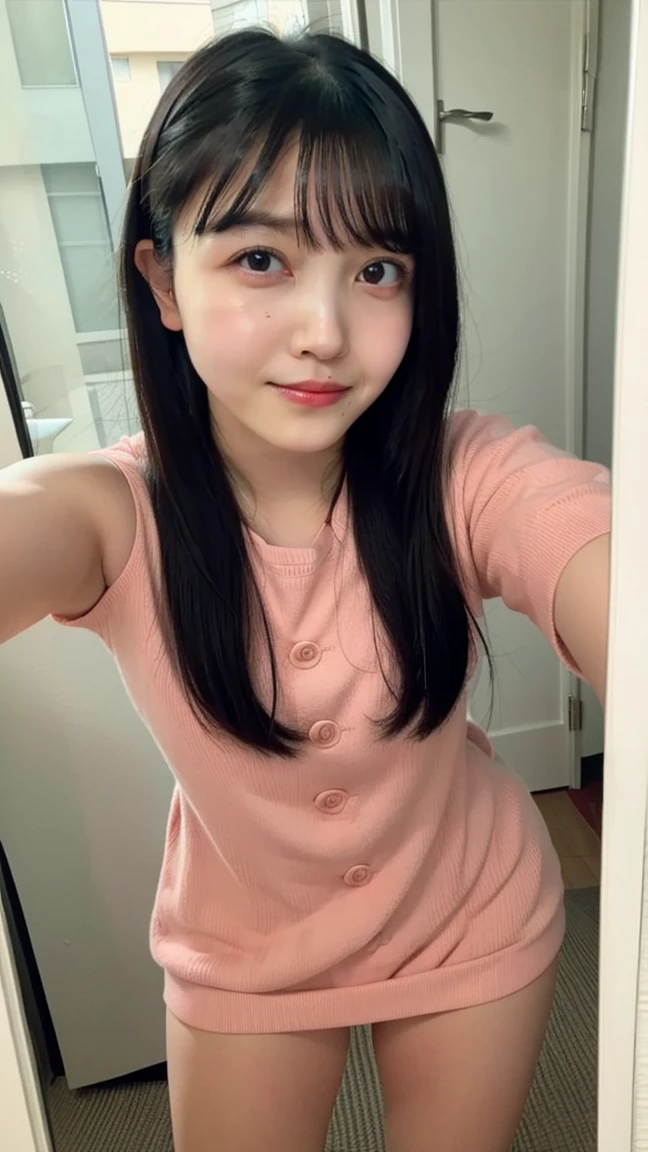 Asian girls,Have Chinese facial features,subjective perspective,Selfie angle,Long hair,Skin spots,Skin blemishes,Skin acne,Low light,The background is a curtain,Wearing a skirt,reality,Natural expression