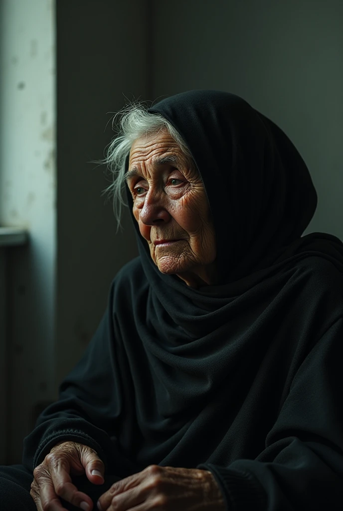 A poor old mother is in sorrow in a dilapidated house