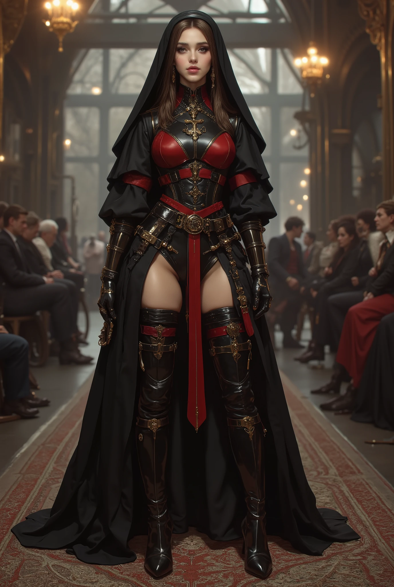 best quality,4k,8k,highres,masterpiece:1.2),ultra-detailed,(Ultra-realistic, photorealistic,photo-realistic:1.37), best quality, highres, 4k, 8k, amazing quality, Photo full portrait of photo real. black and red leather steampunk nun woman. black and red thigh high boots with 6 inch heels. steampunk background. “full body portrait” digital SLR camera, light tracing, 3d, concept art, action painting, cinematic lighting, chiaroscuro, (1.3)