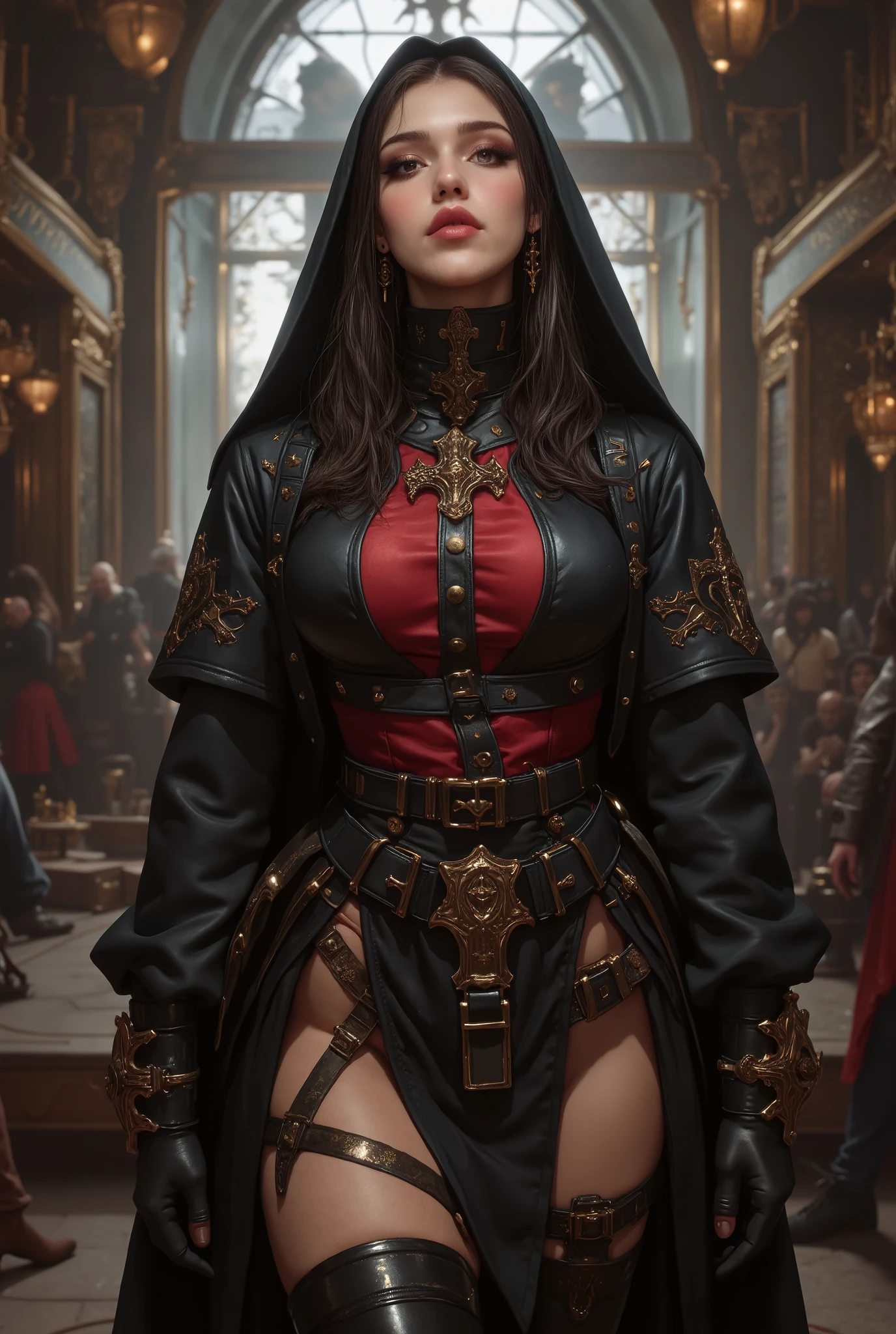 best quality,4k,8k,highres,masterpiece:1.2),ultra-detailed,(Ultra-realistic, photorealistic,photo-realistic:1.37), best quality, highres, 4k, 8k, amazing quality, Photo full portrait of photo real. black and red leather steampunk nun woman. black and red thigh high boots with 6 inch heels. steampunk background. “full body portrait” digital SLR camera, light tracing, 3d, concept art, action painting, cinematic lighting, chiaroscuro, (1.3)
