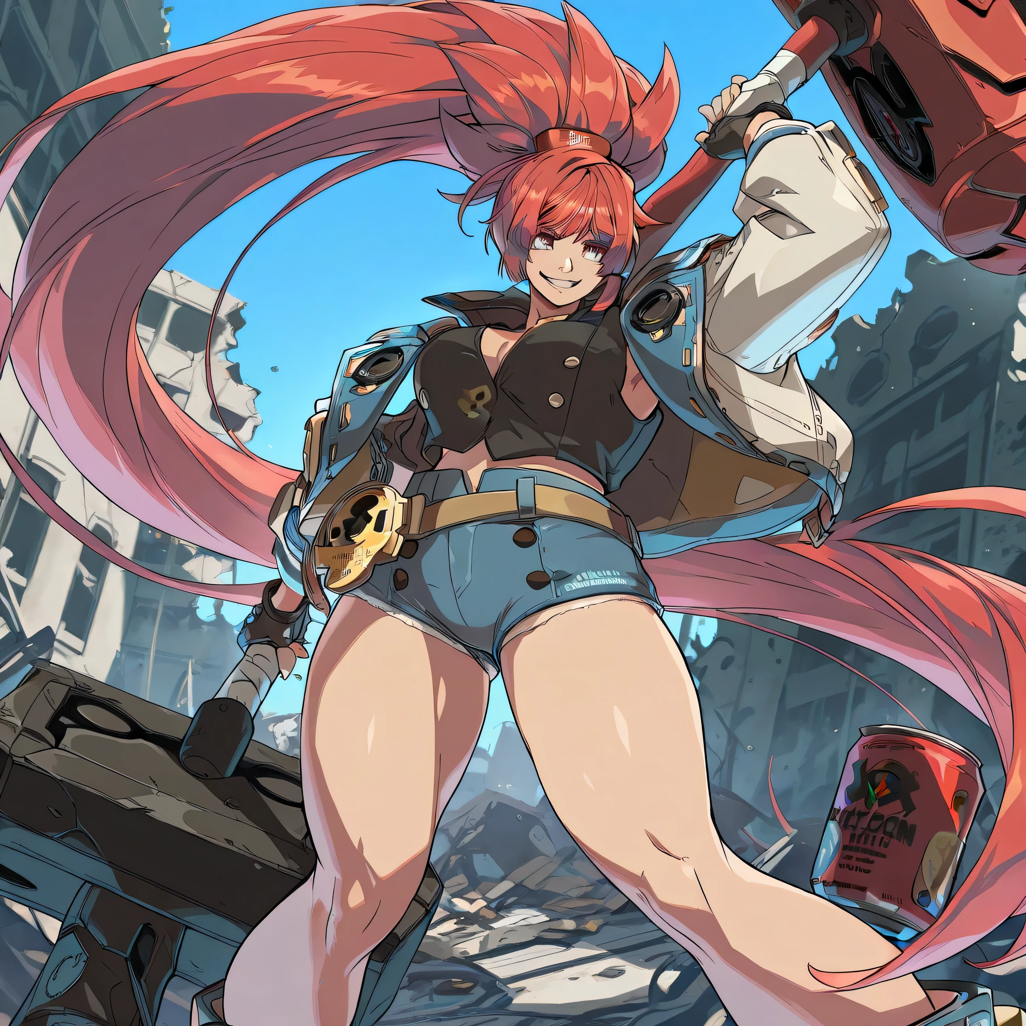 Masterpiece, high detailed, 4K wallpaper, Guilty Gear strive Style, 1 girl, chains around her, extreme large Long hair (Enormous Ponytail), can colored hair, big bosom, buxom, jacket (with impressive details), shirt, belt (large), skirt, undershorts, spiked boots, holding a Very large massive War-hammer, grin, Red eyes, background a skyscraper in ruins, Very well detailed
