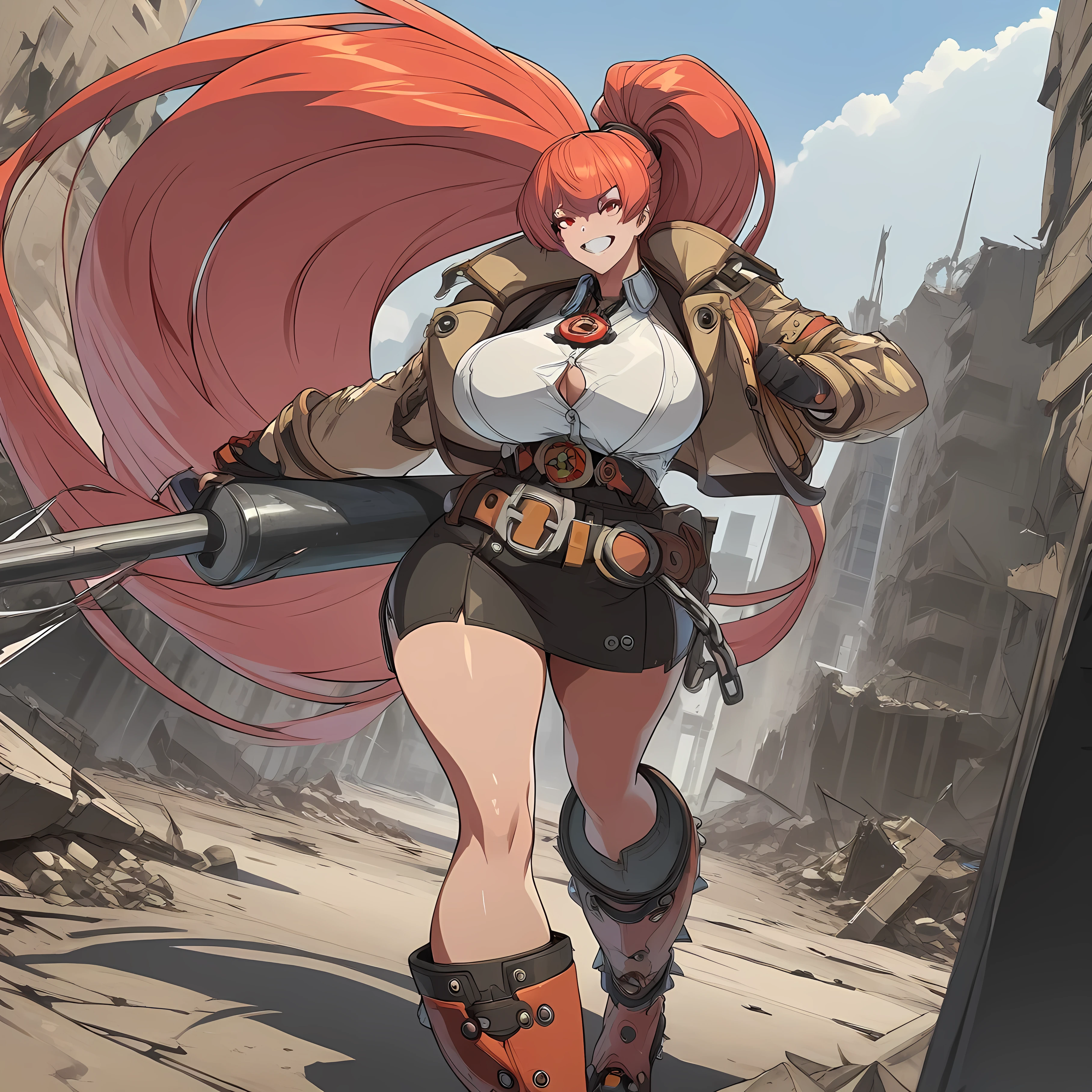 Masterpiece, high detailed, 4K wallpaper, Guilty Gear strive Style, 1 girl, chains around her, extreme large Long hair (Enormous Ponytail), can colored hair, big bosom, buxom, jacket (with impressive details), shirt, belt (large), skirt, undershorts, spiked boots, holding a Very large massive War-hammer, grin, Red eyes, background a skyscraper in ruins, Very well detailed