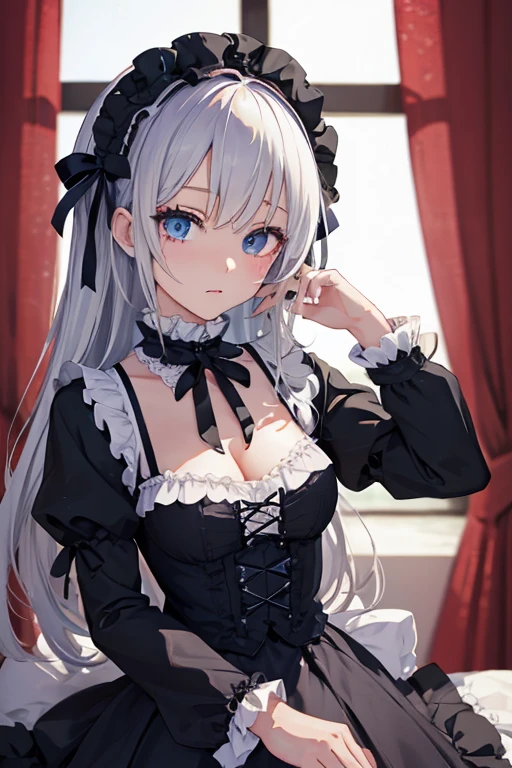 high color saturation、masterpiece、highest quality、High resolution、very delicate and beautiful、beautiful breasts、woman1people、((woman1people、solid color background、hair length、silver hair、thick legal clothing、skirt、maid Cafe))、Huge 、off shoulder、cleavage、bbw、