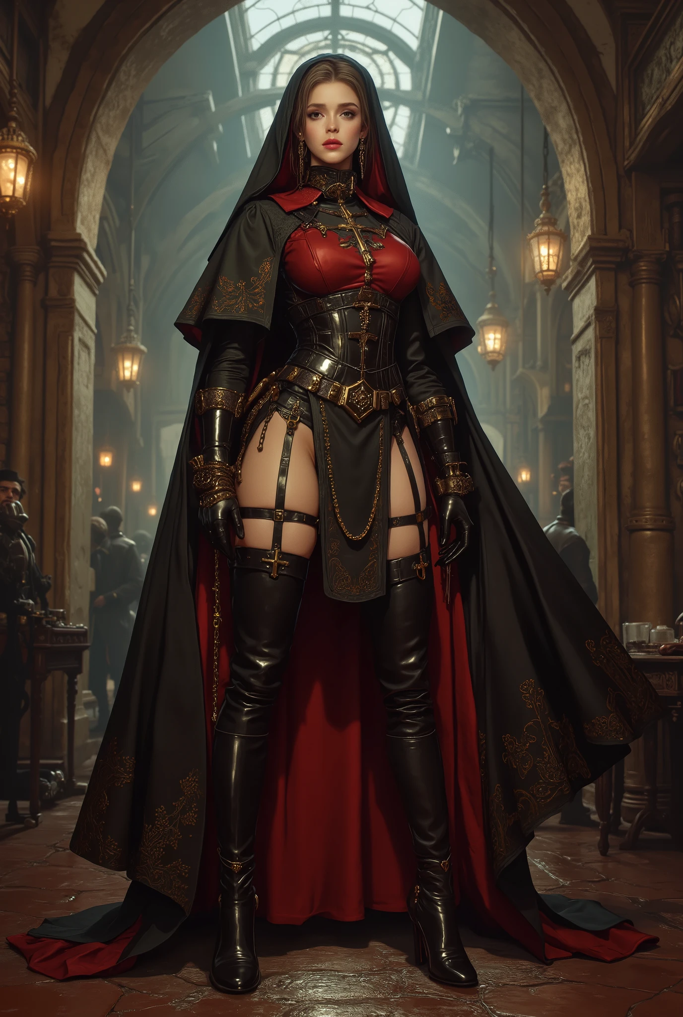 best quality,4k,8k,highres,masterpiece:1.2),ultra-detailed,(Ultra-realistic, photorealistic,photo-realistic:1.37), best quality, highres, 4k, 8k, amazing quality, Photo full portrait of photo real. black and red leather steampunk nun woman. black and red thigh high boots with 6 inch heels. steampunk background. “full body portrait” digital SLR camera, light tracing, 3d, concept art, action painting, cinematic lighting, chiaroscuro, (1.3)