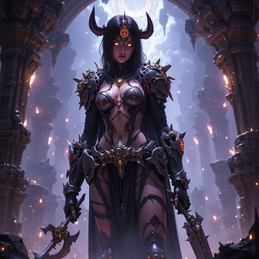 dark,Starlight,an oriental woman,Evil expression,sharp eyes,Magic Horn,long flowing hair,Big breasts,Proud figure, Wearing charming red magic scale armor,Armor skirt,Show belly button,Glowing armor rune patterns,skirt texture glowing,on the grass,The grass shines brightly,.High resolution, masterpiece, detail, HD model, Very detailed, Textured skin, Ultra HD, 