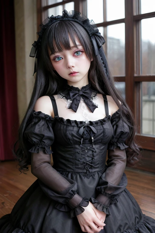 (((masterpiece, Highest quality, Super detailed))), (((1 Infinity Mage Girl))), 14 years old, (((Highly detailed face))), Small, thin nose, A small, thin-lipped mouth, (((Very sharp focused eyes))), Very large slit-shaped, precise pale grey eyes, Shining like a jewel. Very long eyelashes, long black hair with black vertical curls,, with fringes, ((Steampunk fashion, Gothic Lolita Fashion))