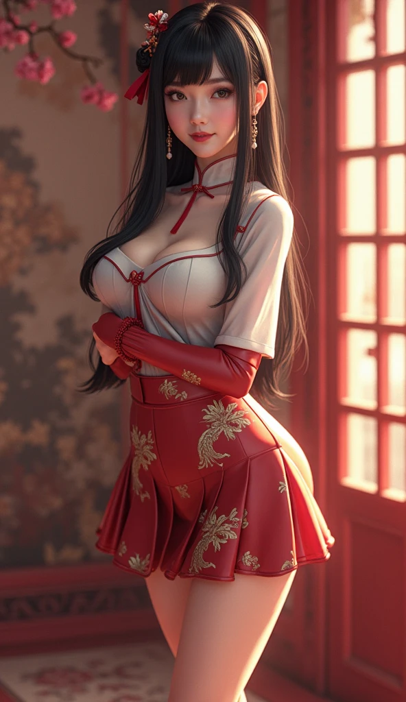 (((professional: Step by step, taking into account even the smallest detail, God-level final result, all intricate details, cowboy shot, solo 1girl view))): "1 fox girl, ruby eyes, fox ears, fox tail, high ponytail, smug, cute, short black china dress, side full body, pelvic curtain, thigh ribbon, (pumps:1), (hugging own leg:1.1), chinese style, indoors, sharp focus, looking at viewer, (intricate:1.3), red light theme, (orange tone:0.7), illustration, "