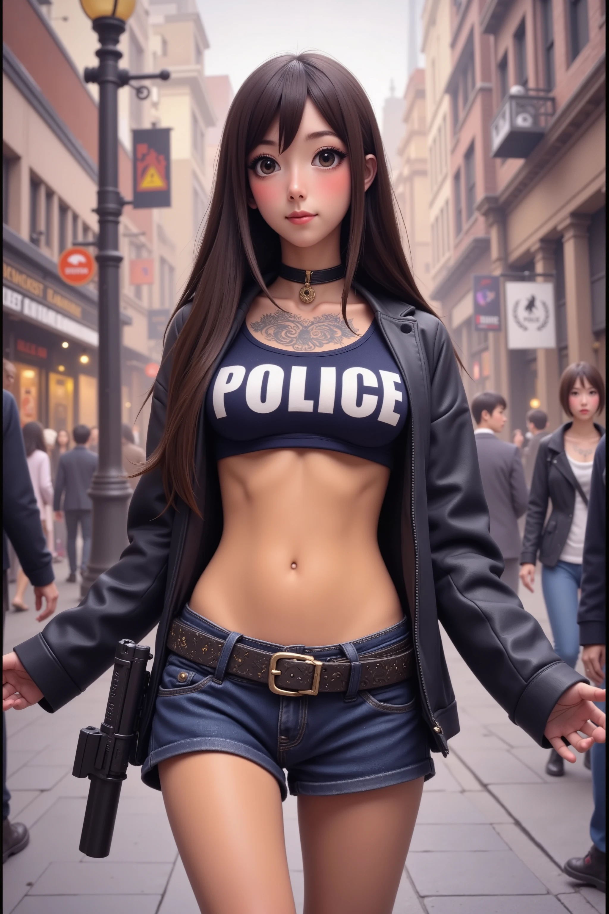 A sexy cop (tight top partially unbuttoned no bra, sexy, stomach exposed, police mini skirt panties exposed, well defined labia, cute police head band, utility belt with pistol, short boots) she is walking her beat downtown, crowded sidewalks, she is friendly and approachable