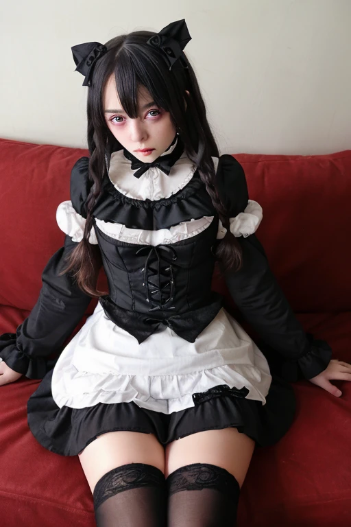 In maid clothes 、whole body、Photo taken from below、one beautiful maid、red hair long bob hair、hair ornaments、indoor