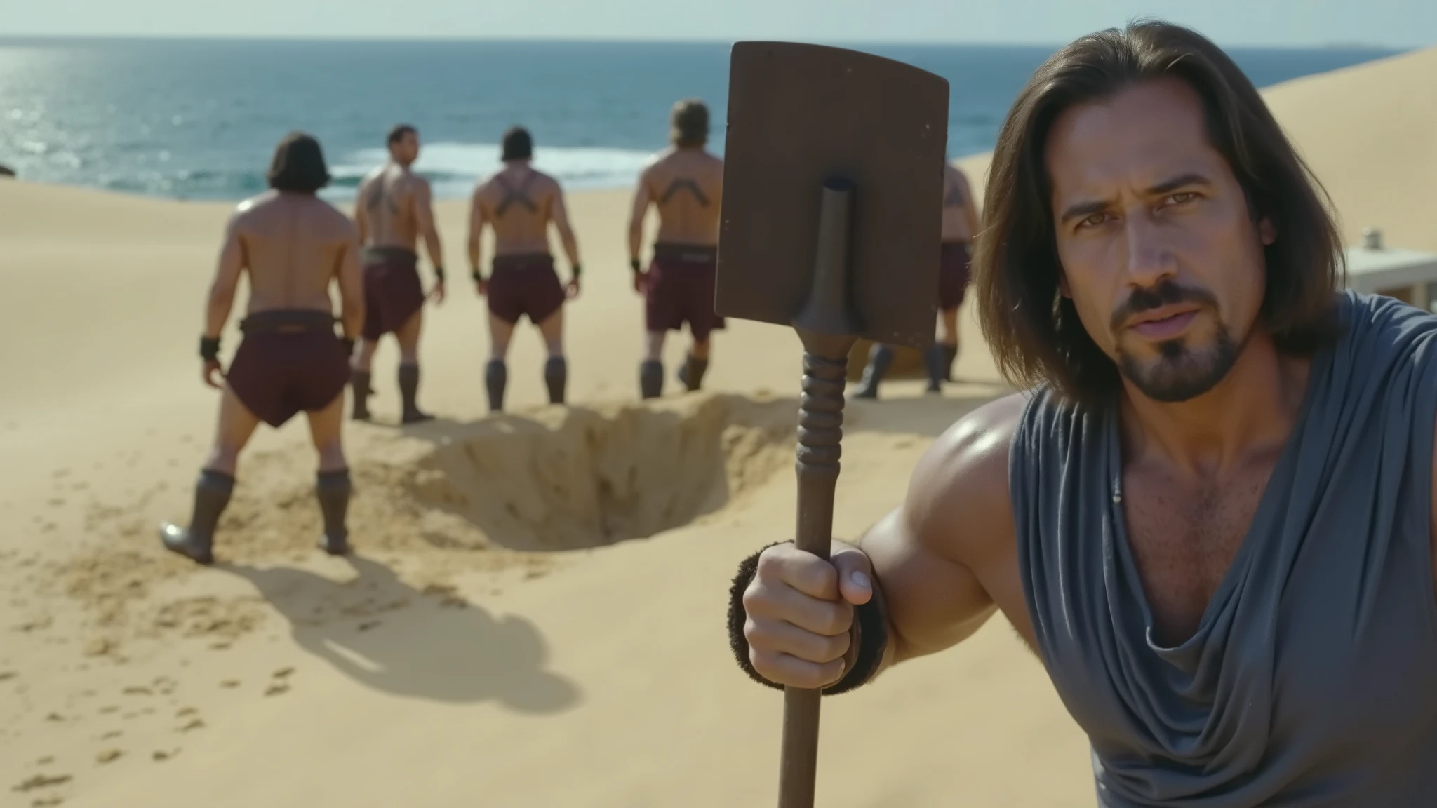 strong Hercules holding a rusty shovel. greek warriors digging in a dune by the sea, using shovels to open a trench in the sand. Colorful and realistic style. blurred background