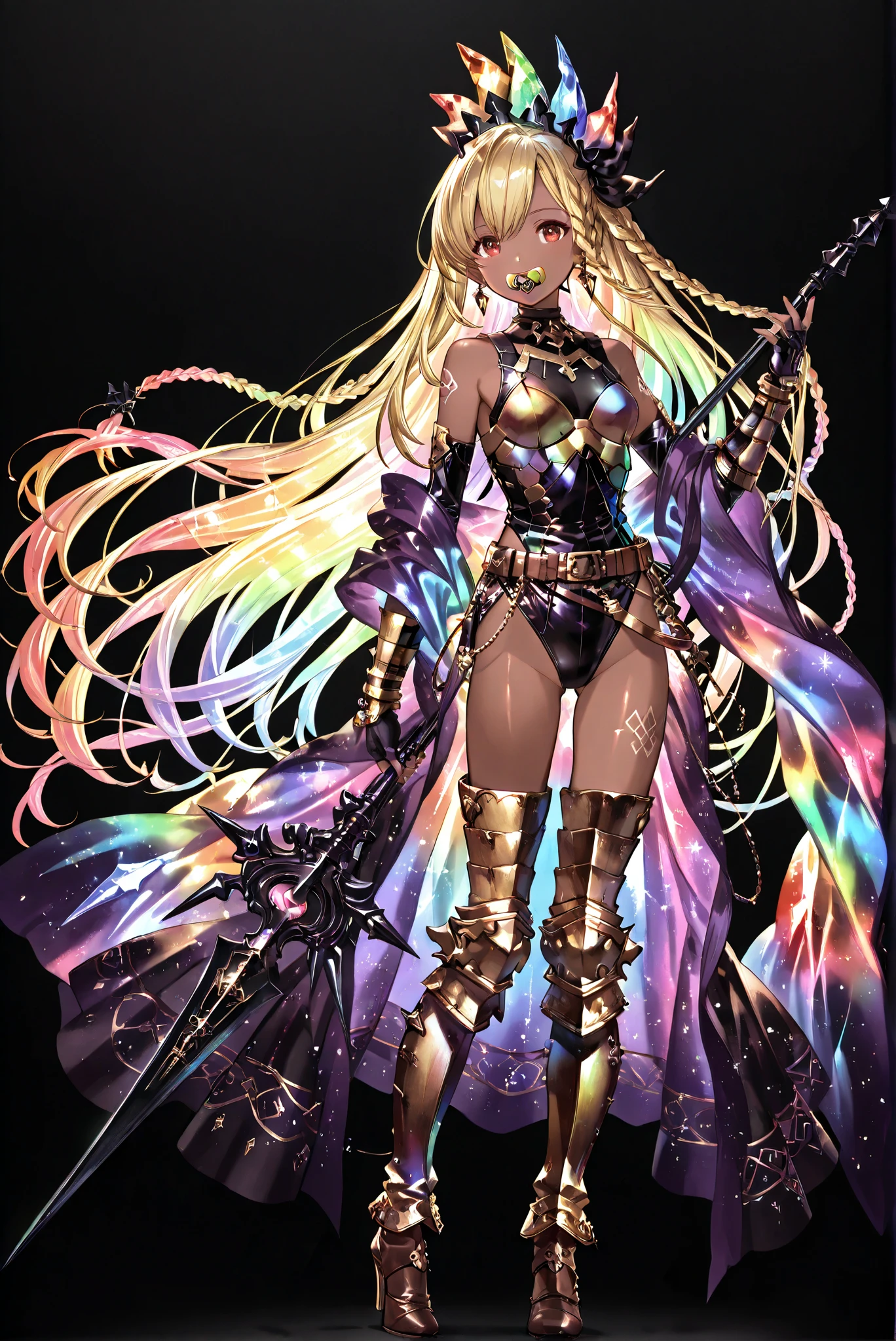 of_HARP, cosplay, chest armor, clothing cutout, belt, bracers, leg armor, brown footwear, highleg leotard, armor, bare shoulders, fingerless gloves, bracers,jewelry, earrings,weapon, spear, holding weapon,,Barrios Armor , White Thigh Boots, White Elbow Gloves , white helmet , , Glowing kimono, Glitter , Purple Kimono , ( stands,whole body, high heels, front view,Standing picture:1.7),HoleHeels,oval/Circle/Thorn/Horn Heels,, Limited Color Palette , Black Background ,Colorful, vivid colors ,Flashing silhouette ,neon,black light ,watch, Masterpiece, very beautiful ,, shiny skin, black dress, backless dress, golden ornaments, arm tattoo, , Granblue_ fantasy, Helel_Ben_Shalem, dark skin, Blonde, long hair, braid, red eyes, pacifier,rainbow crystal outfit ,Pants, (Wearing :1.2) ,