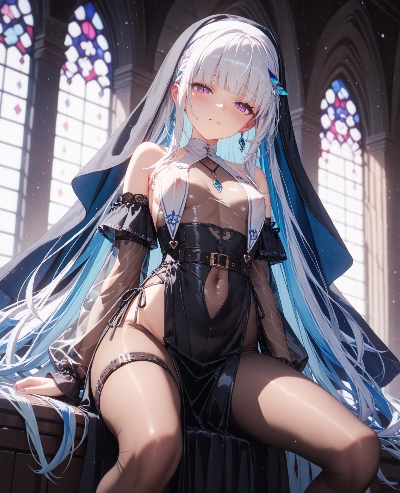(masterpiece:1.8),(Highest quality:1.8),(Very detailed:1.8),(8K:1.8),(Ultra-fine Illustration:1.5),,,Straight low twintail,Flat Chest,Small Ass,(High-grade metallic silver,,lingerie:1.4),(Prayer Pose:1.5),Vintage sofa,,(Full body angle), Stained glass,