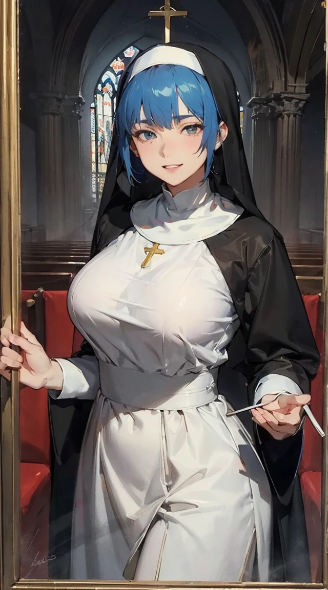 1Women, mature, blue hair, blue eyes, realistic, sidelighting, wallpaper, big tits, (nun), church, landscape, doggystyle position, mating,