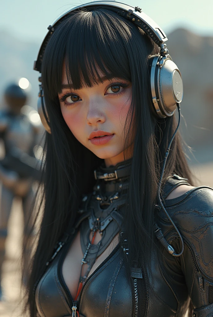 (High quality,detail-rich,Ultra-realistic 1.2)cyber punk style,Cat-eared lady,Dress normally,Delicate to the point of incredible face,devils,Crawl on the grass,He wears a bell around his neck,