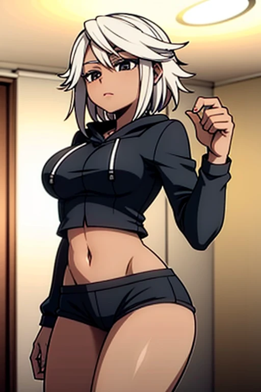 score_9, score_8_up, score_7_up, score_6_up, score_5_up, score_4_up, BREAK,blunt bangs,Gray Hair,Yellow Eyes,ponytail,big breasts,,Overflowing breasts,cap,Sports bra,Jacket,Shorts,Street fashion,Erect nipples,Underboob,White background,Are standing,fine anime screencap_xl, anime screencap