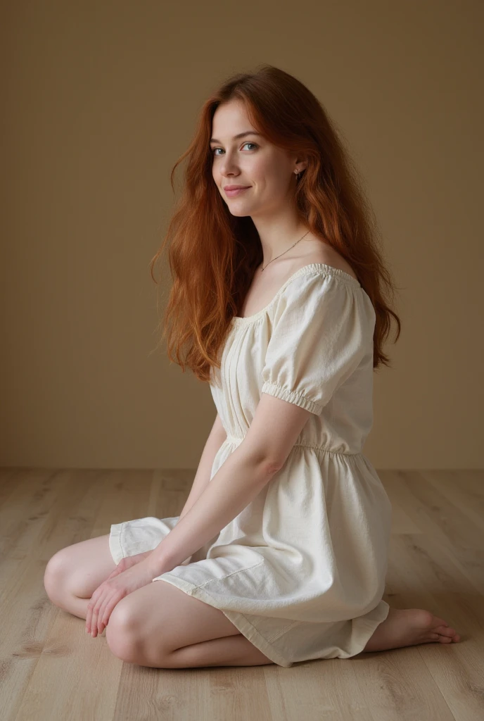 Arafed woman sitting on the floor wearing a white dress., with pale skin, loose red hair, with natural light background, long ginger hair, in white clothes, redhead girl, soft and pale skin, long ginger hair windy, cute young redhead girl, Anna Nikonova aka Newmilky, soft red hair, redhead woman, soft light from the side