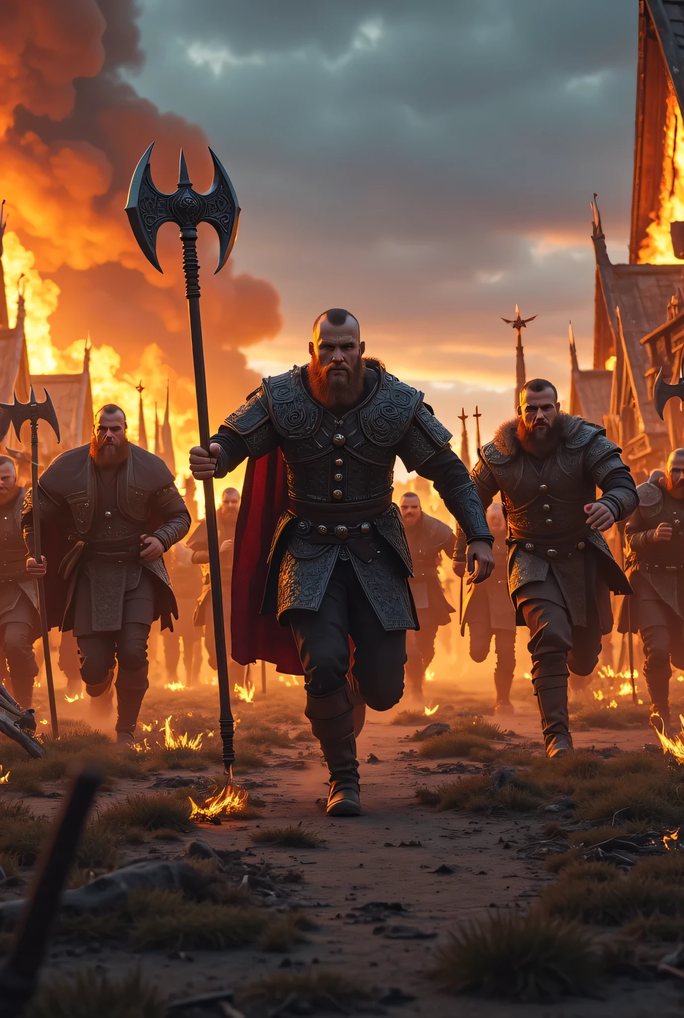 **Prompt:** Create an intricately detailed landscape scene of a Viking raiders tribe army during the medieval age, showcasing hyper-realism and a symmetrical composition. Capture the scene from an ultra-wide angle to immerse the viewer in this burning medieval village scenery. Illustrate the Viking raiders, clad in full armor, as they charge into battle with fierce determination, wielding intricately designed battle axes. Emphasize dynamic leading lines that guide the eye through the image, highlighted by a rich UHD ambiance and a mixed lighting concept that enhances the realism of their expressions. Pay special attention to accurate group of human anatomy, focusing on their hands as they charge for combat. Zoom out to reveal the entire battle unit in all its fierce, ensuring a depth of field that enhances the visual impact. Utilize state-of-the-art 3D CGI textures to vividly bring this Viking tribe to life in a visually stunning piece of FantasyPunkAi Artwork.