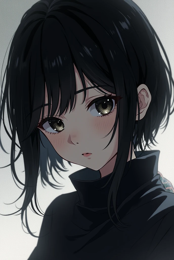 *Boy with black wolf cut hair and black eyes, white skinned and a little angry, a pretty and tender face, black sweater with a skull print, with forest landscape at night*
