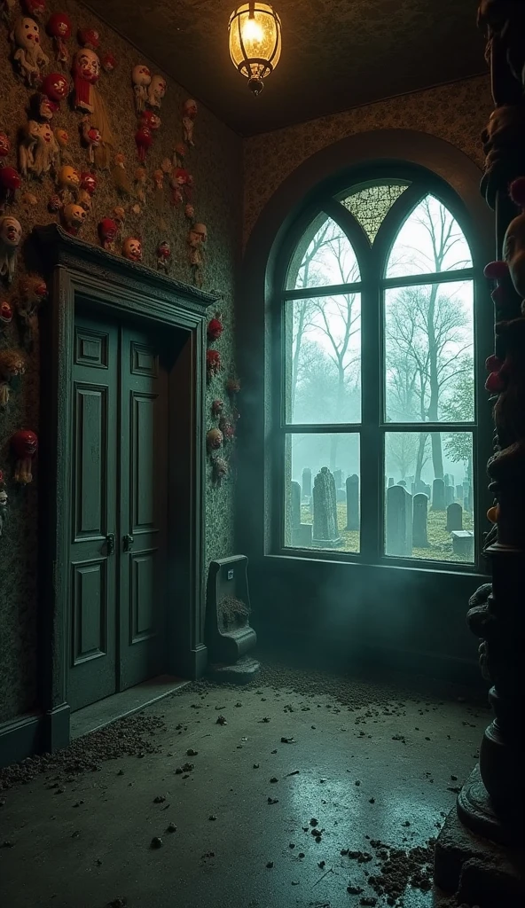 "A dark, eerie hotel lobby with walls covered in over 2,000 clown dolls. The room is dimly lit with flickering lights, casting unsettling shadows. In the background, a dusty old elevator door creaks open, adding to the chilling atmosphere. Outside the large windows, you can see a creepy graveyard with old, weathered tombstones. There is an eerie mist creeping through the scene, as if something supernatural is lurking just out of sight."