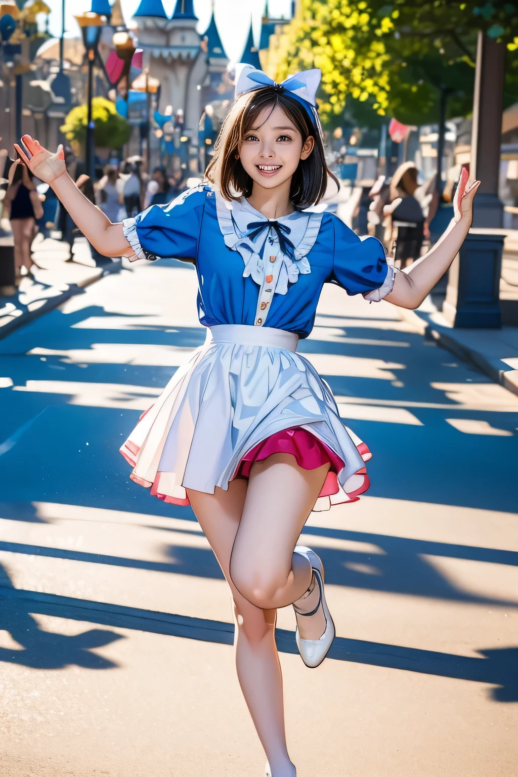 13 year old nerd girl、(Having a blast dressed up as Alice in Wonderland)、Droopy eyes:1.4、Big round eyes、Joy、Active pose、(Raise your arms and jump)、Very thin thighs、Very long legs、Filmed at Disneyland