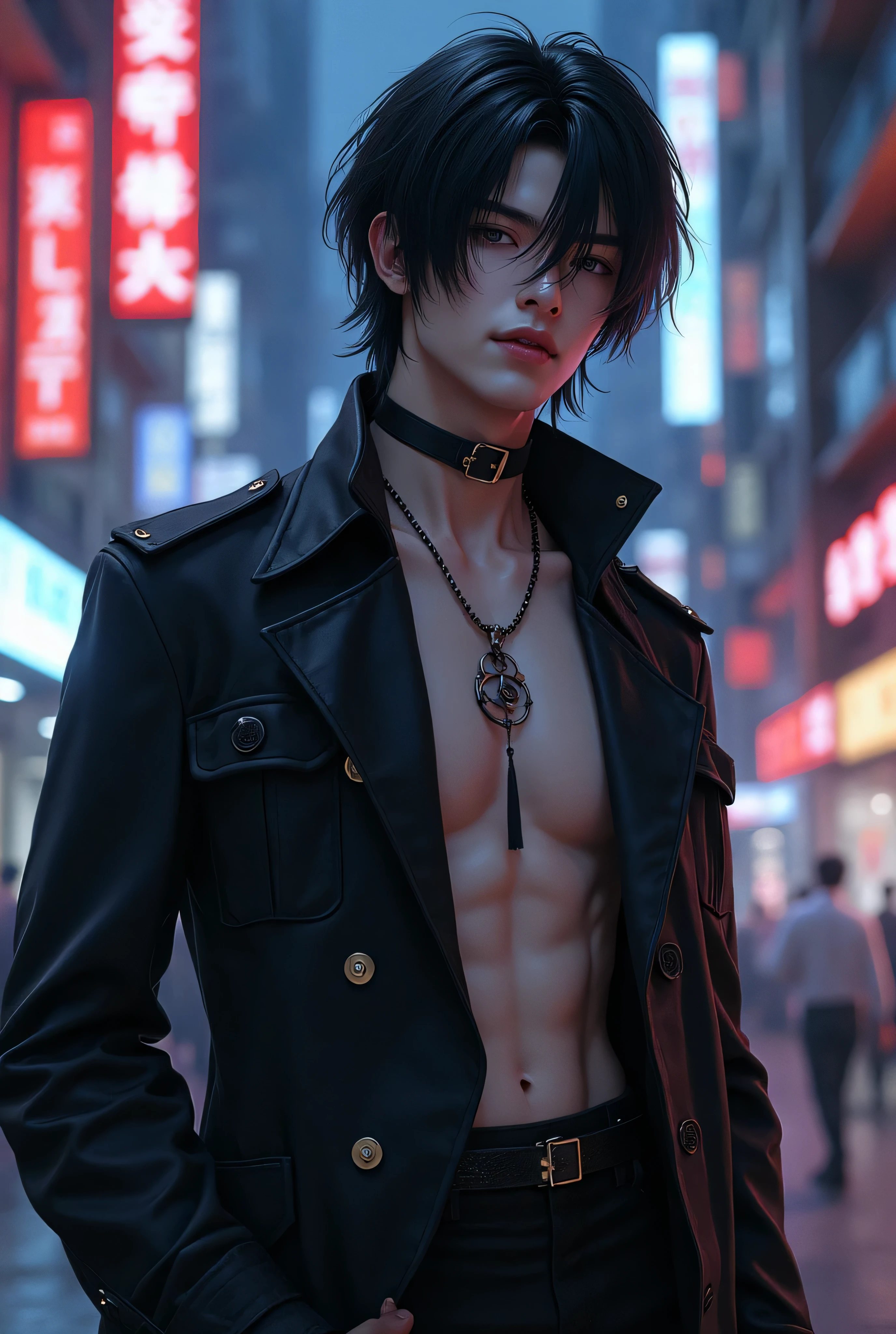 m male, (intricate details:1.22), hdr, (intricate details, hyperdetailed:1.2), full body, cinematic, intense, film composition, cinematic lighting, (rim lighting:1.3), color classification, , casual clothing, face eren yeager, strong body, perfect body, 8K, background bar with many people, long hair black color, bloody bruise, torn clothes, angry