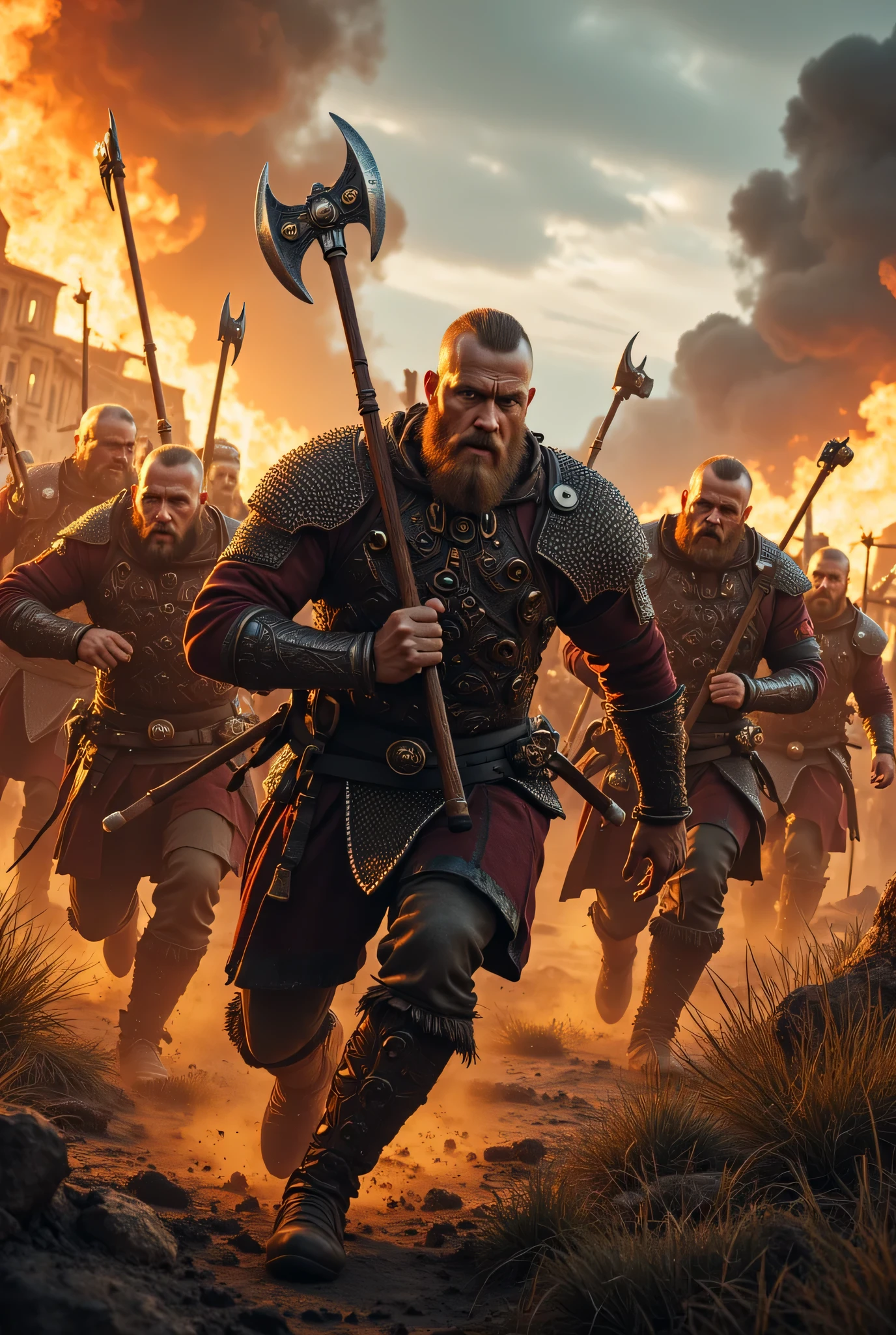 **Prompt:** Create an intricately detailed landscape scene of a Viking raiders tribe army during the medieval age, showcasing hyper-realism and a symmetrical composition. Capture the scene from an ultra-wide angle to immerse the viewer in this burning medieval village scenery. Illustrate the Viking raiders, clad in full armor, as they charge into battle with fierce determination, wielding intricately designed battle axes. Emphasize dynamic leading lines that guide the eye through the image, highlighted by a rich UHD ambiance and a mixed lighting concept that enhances the realism of their expressions. Pay special attention to accurate group of human anatomy, focusing on their hands as they charge for combat. Zoom out to reveal the entire battle unit in all its fierce, ensuring a depth of field that enhances the visual impact. Utilize state-of-the-art 3D CGI textures to vividly bring this Viking tribe to life in a visually stunning piece of FantasyPunkAi Artwork.