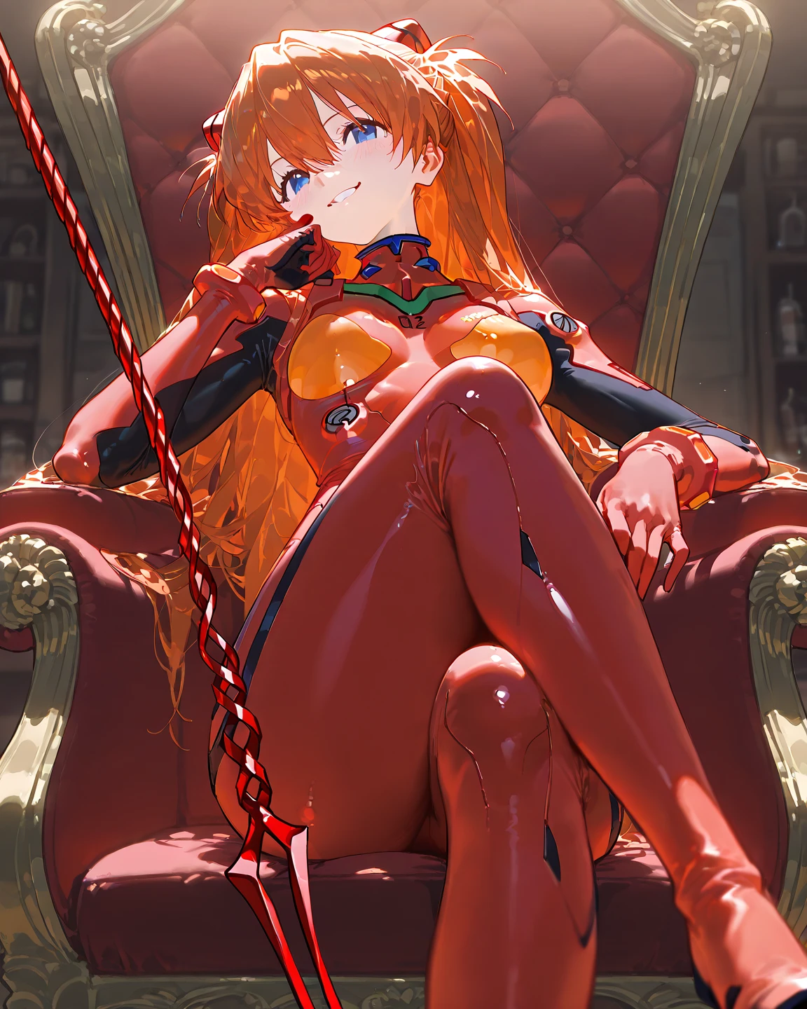 ((1 Girl)), ((Sitting in a chair)), ((Rope Bondage)), ((Put your arms behind your back)), ((Totally tied up)), (tightly restrained), ((Helpless)), (Crimson Hair, Completely naked, No pubic hair, Leg spread, Wet genitals), (((Big Breasts))), ((Blushing))