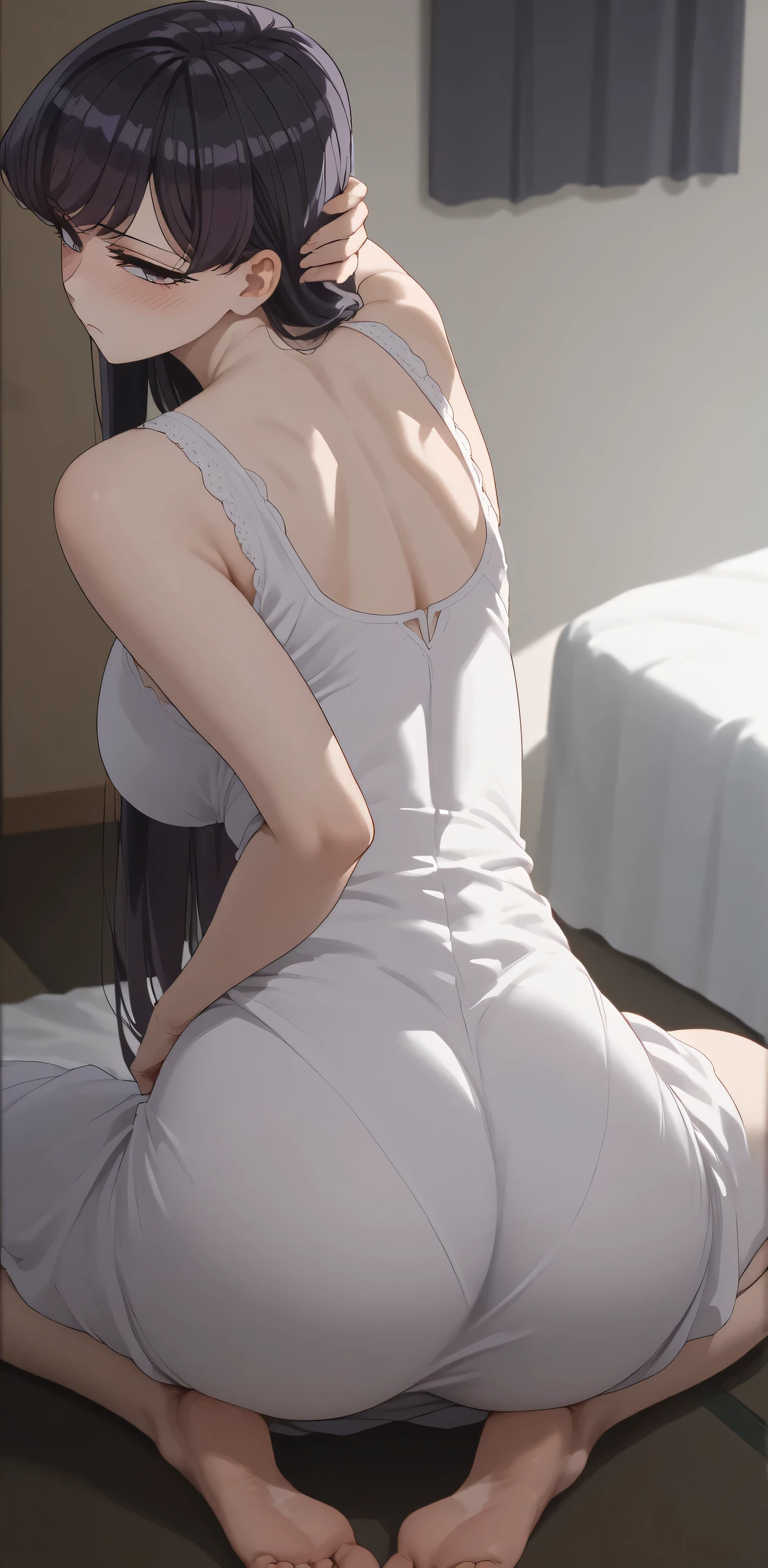 score_9, score_8_up, score_7_up, source_anime,
shoukokomi, shouko komi, long hair, bangs, black hair, long hair, purple eyes, expressionless,half close eyes, long hair, huge breasts,
1girl, breasts, ass, solo, blush, black_hair, dress, large_breasts, white_dress, bare_shoulders, barefoot, sleeveless, mature_female, looking_back