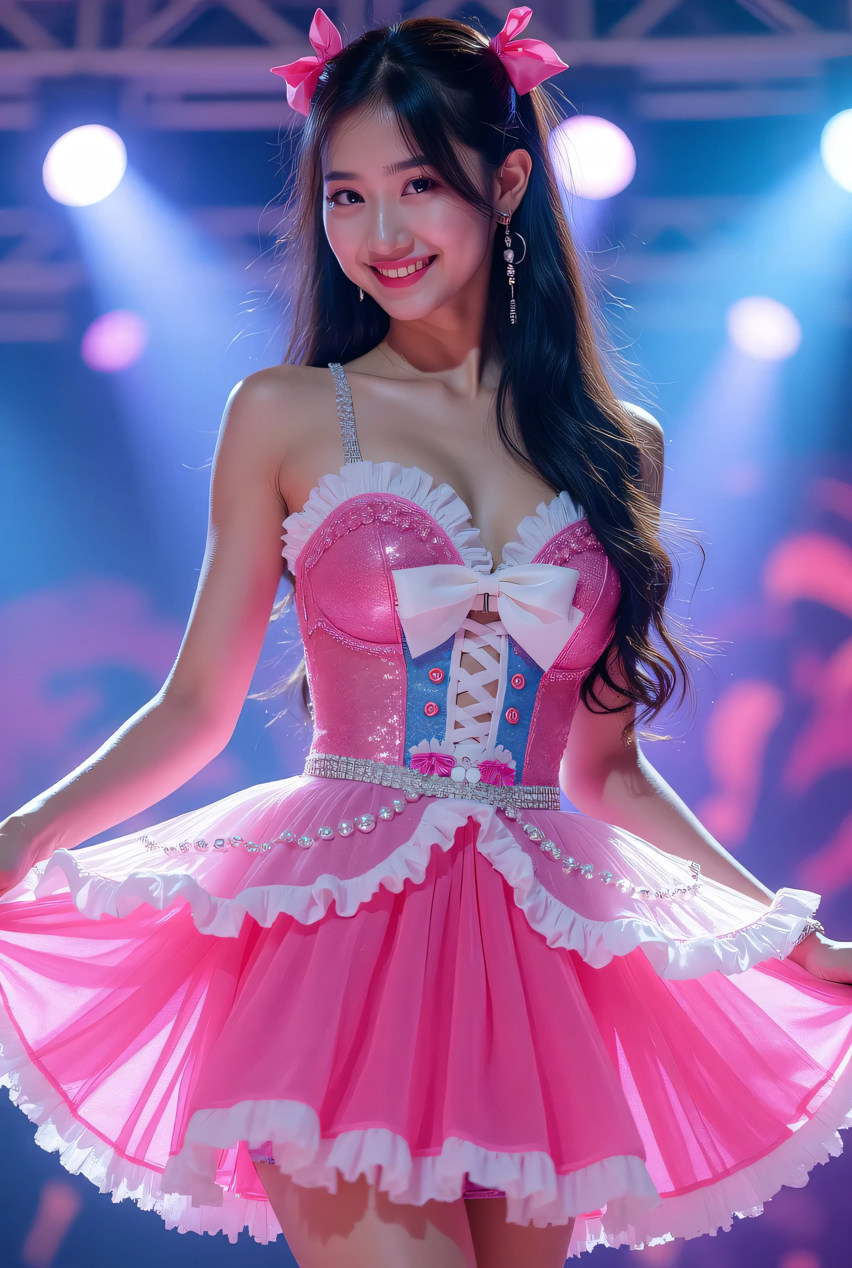 Create a highly detailed, realistic image of a young woman with long, dark hair styled with two small pink bows on either side. She is wearing a vibrant and transparent shinning glossy pink short dress that has a layered, frilly design with white ruffled edges on the sleeves and neckline. The dress has intricate lace-up details on the front, with white ribbons crisscrossing over the bodice. A large, white bow is tied around her waist, and the skirt is layered with multiple ruffles, alternating between white and pink frills. The upper part of the dress has a mix of white and blue accents, especially around the shoulders, giving it a lively, idol-like appearance. The girl’s expression is cheerful and playful, with a radiant smile, captured both in performance and posing with a slightly pensive look. Ensure that her outfit appears shiny and glossy, reflecting stage lights, and incorporate a vivid, performance-like atmosphere in the background. Some Lights shooting around, she hold microphone,