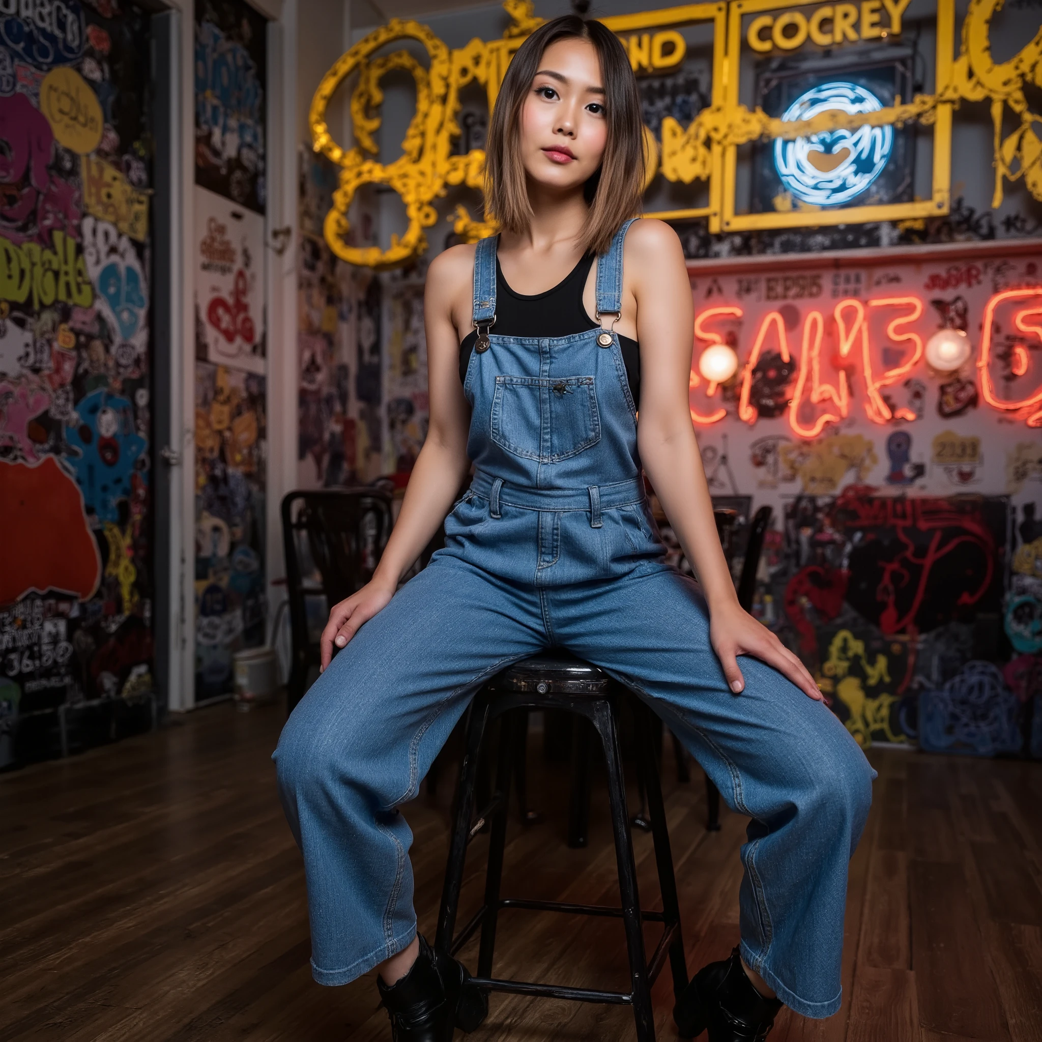 A professional photograph of an 18-year-old woman with an athletic build, fair skin, and almond-shaped brown eyes, posing confidently in an urban, graffiti-covered setting. She has straight brown hair in a sleek bob with subtle blonde highlights at the ends. She wears a stylish denim jumpsuit with wide straps, a fitted waist with lace-up details, and a bold circular cutout in the front. Black heeled boots complete her edgy look. She sits on a high metal stool, one leg casually resting on the footrest while the other extends naturally, exuding a relaxed yet self-assured demeanor. The background features vibrant street-style elements, including vintage license plates, neon signs, and colorful graffiti patterns in red, blue, and yellow tones. Bright, even lighting highlights her face and outfit, enhancing the vivid colors of the backdrop. Hyper-realistic, contemporary fashion, urban culture --ar 2:3 --s 500 --v 6 --style raw