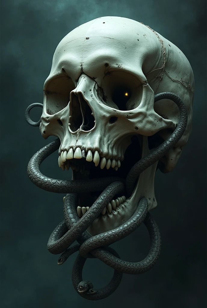 A very terrifying skull with worms and bullet marks 